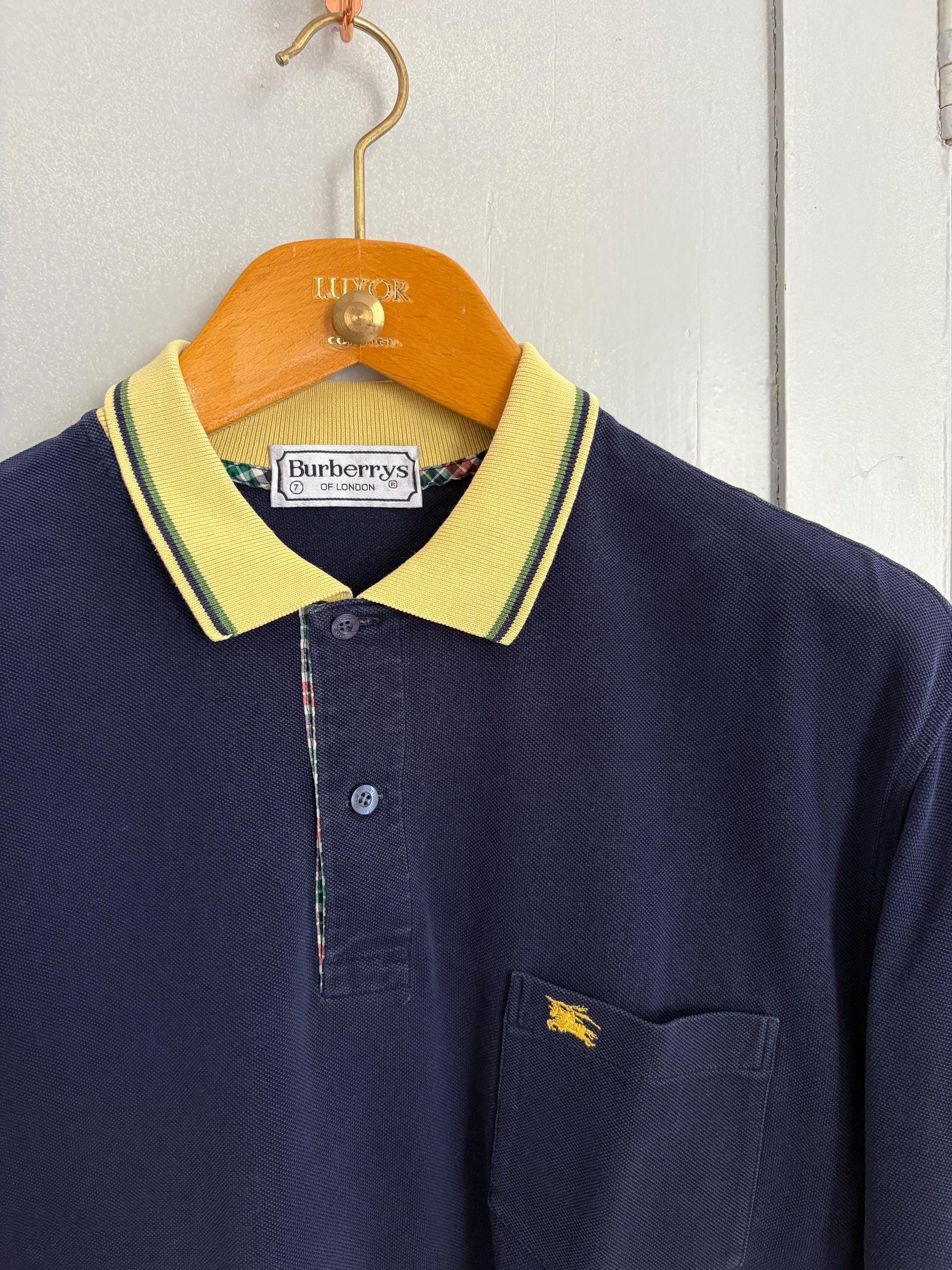 Vintage burberrys of london polo shirt | 90s cotton polo with yellow collar & crest | classic navy check trim | size l