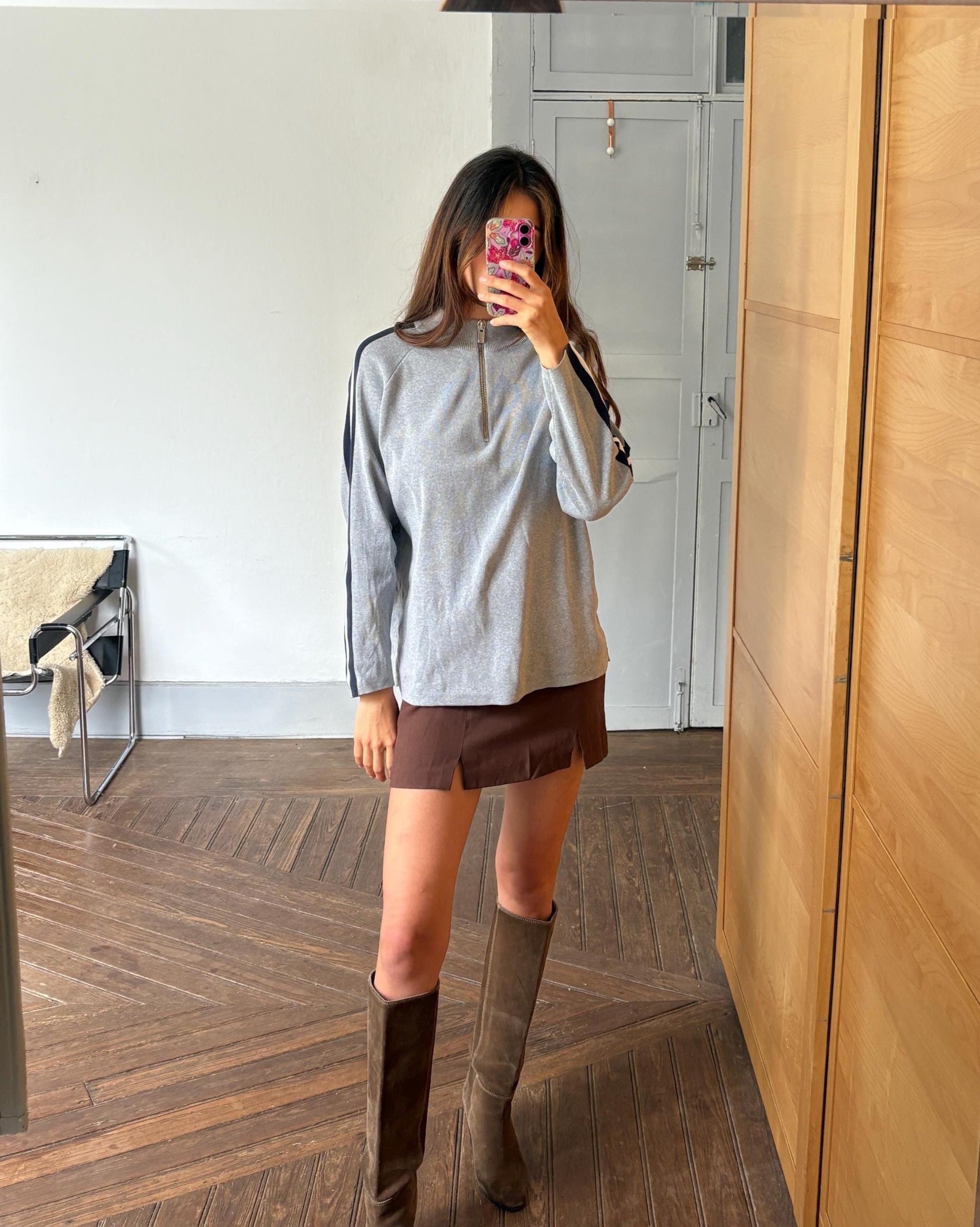 Vintage adolfo dominguez quarter-zip jumper | sporty grey knit pullover | minimalist striped sleeve sweatshirt | size m-l