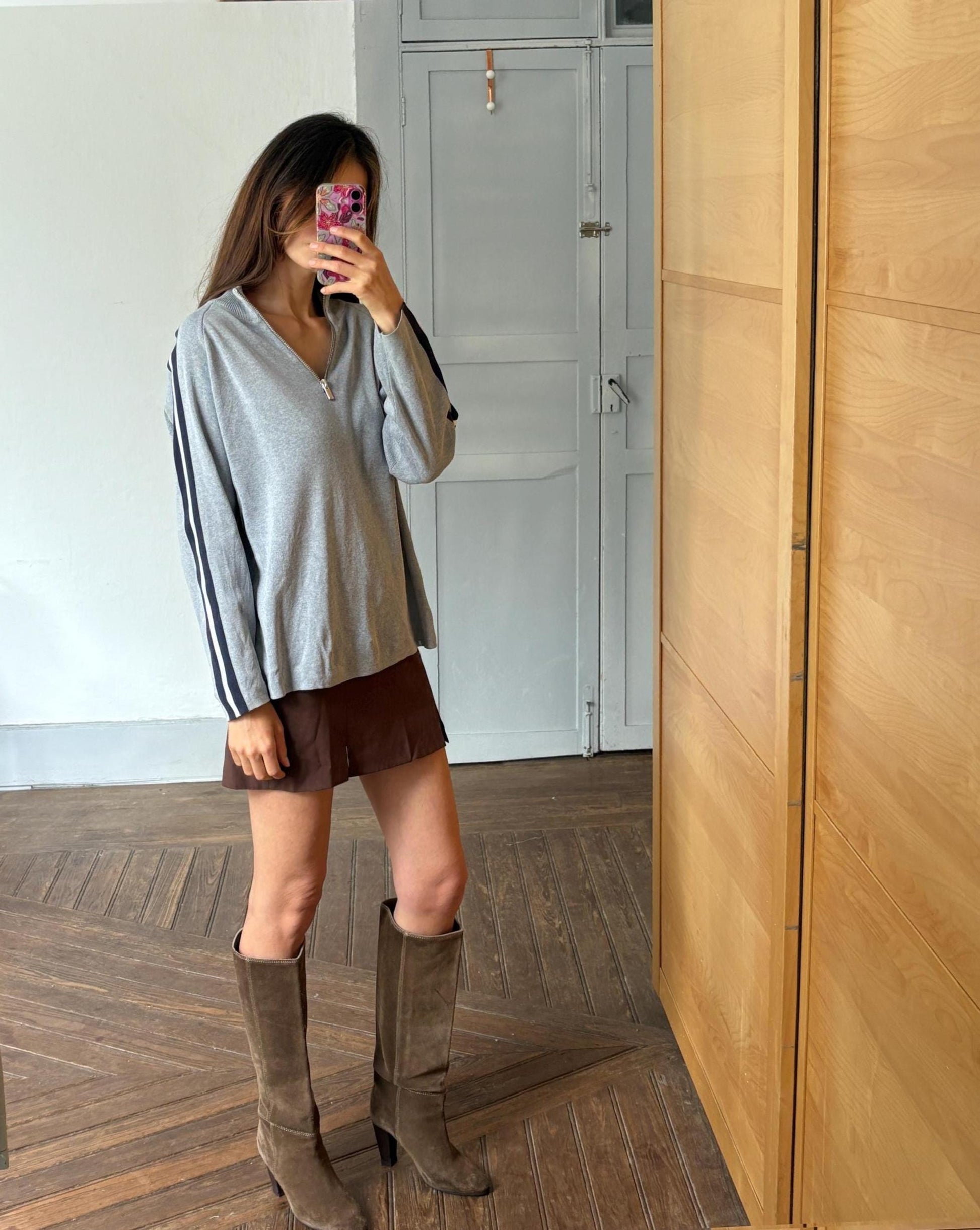 Vintage adolfo dominguez quarter-zip jumper | sporty grey knit pullover | minimalist striped sleeve sweatshirt | size m-l