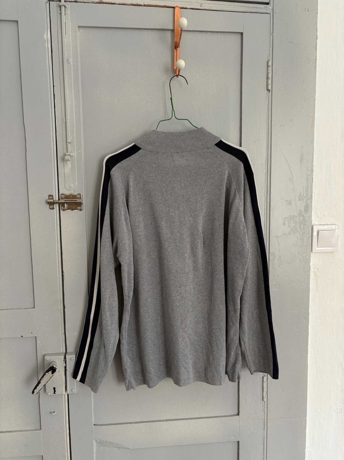 Vintage adolfo dominguez quarter-zip jumper | sporty grey knit pullover | minimalist striped sleeve sweatshirt | size m-l