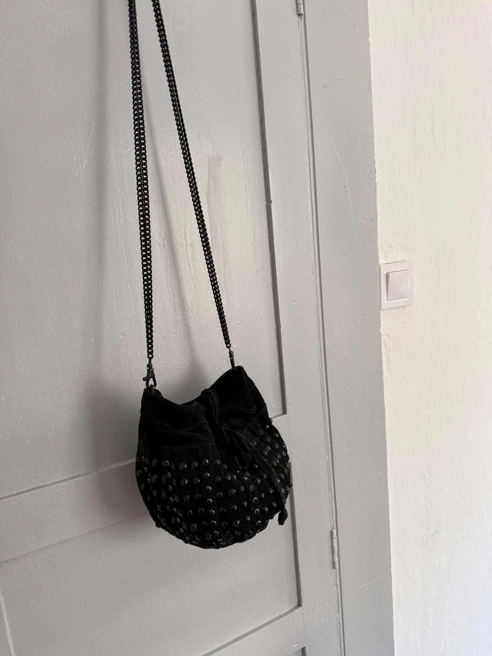 Vintage suede studded shoulder bag | coachella outfit, small crossbody genuine leather purse | rocker festival bag with long chain strap |