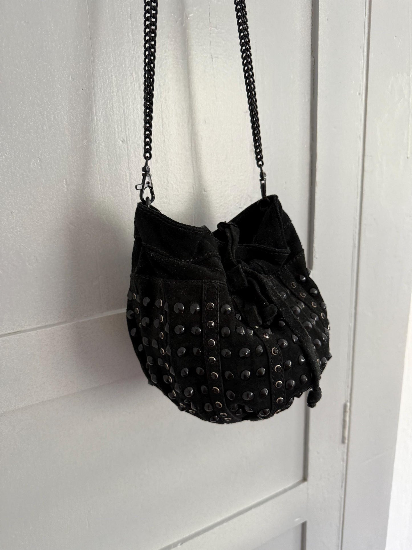 Vintage suede studded shoulder bag | coachella outfit, small crossbody genuine leather purse | rocker festival bag with long chain strap |