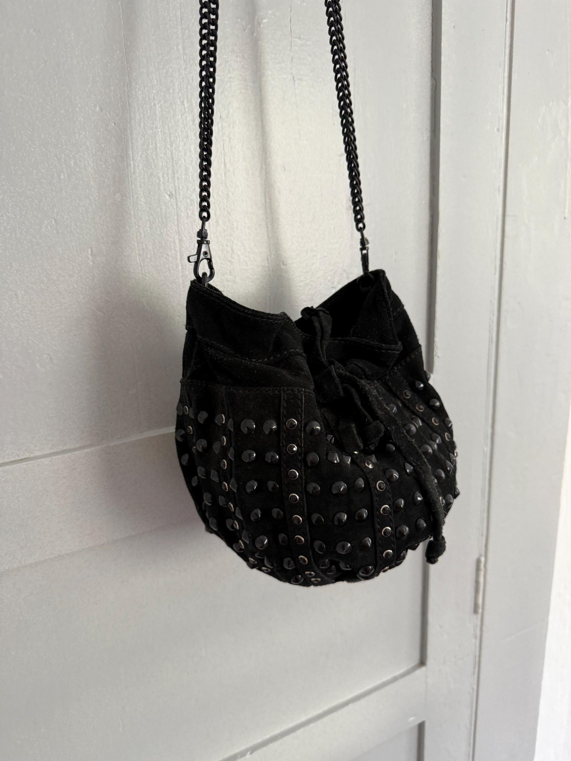 Vintage suede studded shoulder bag | coachella outfit, small crossbody genuine leather purse | rocker festival bag with long chain strap |
