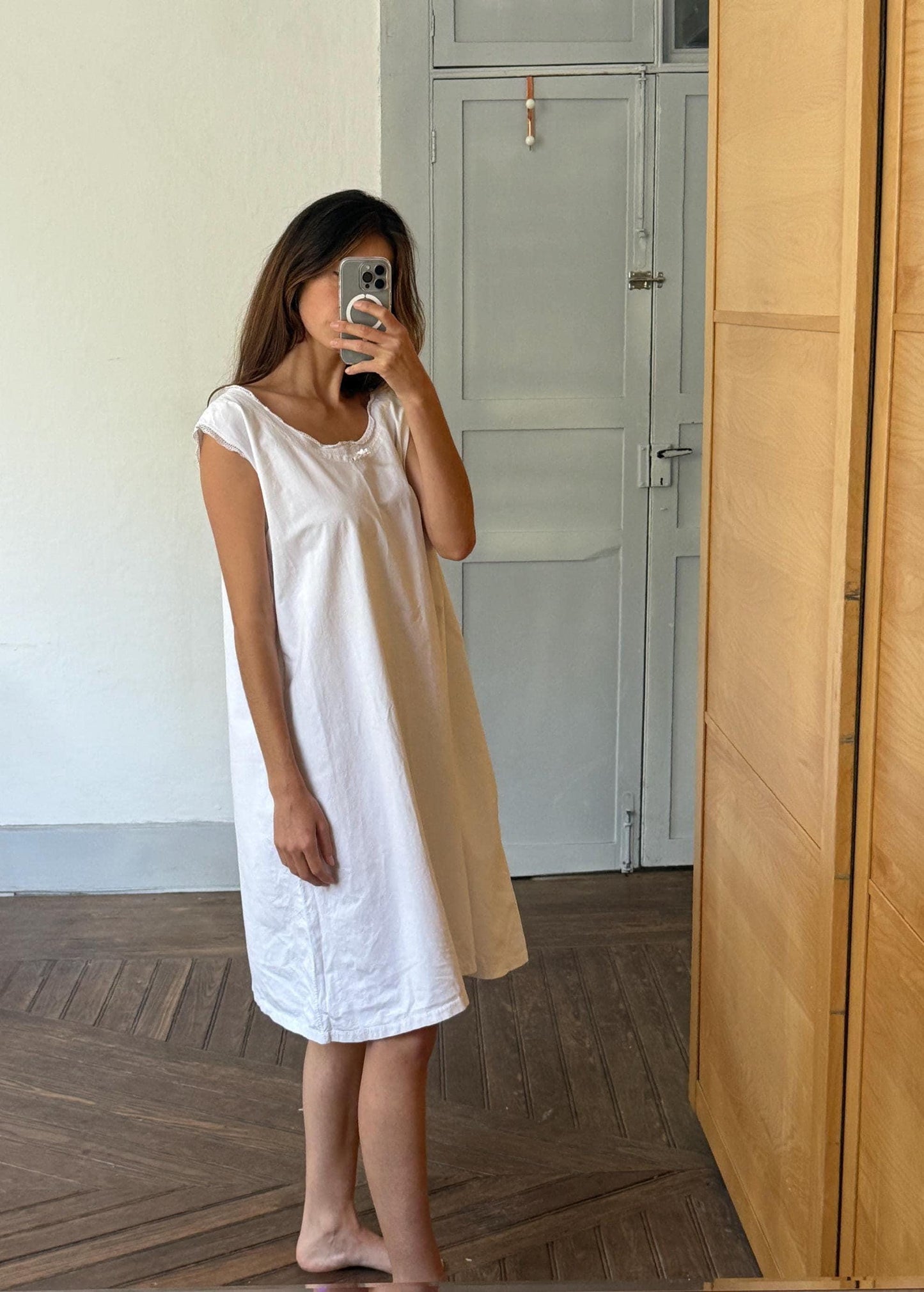 Vintage french antiwue linen slip dress, romantic nightgown, white cottage core nightie , feminine nightwear, one size