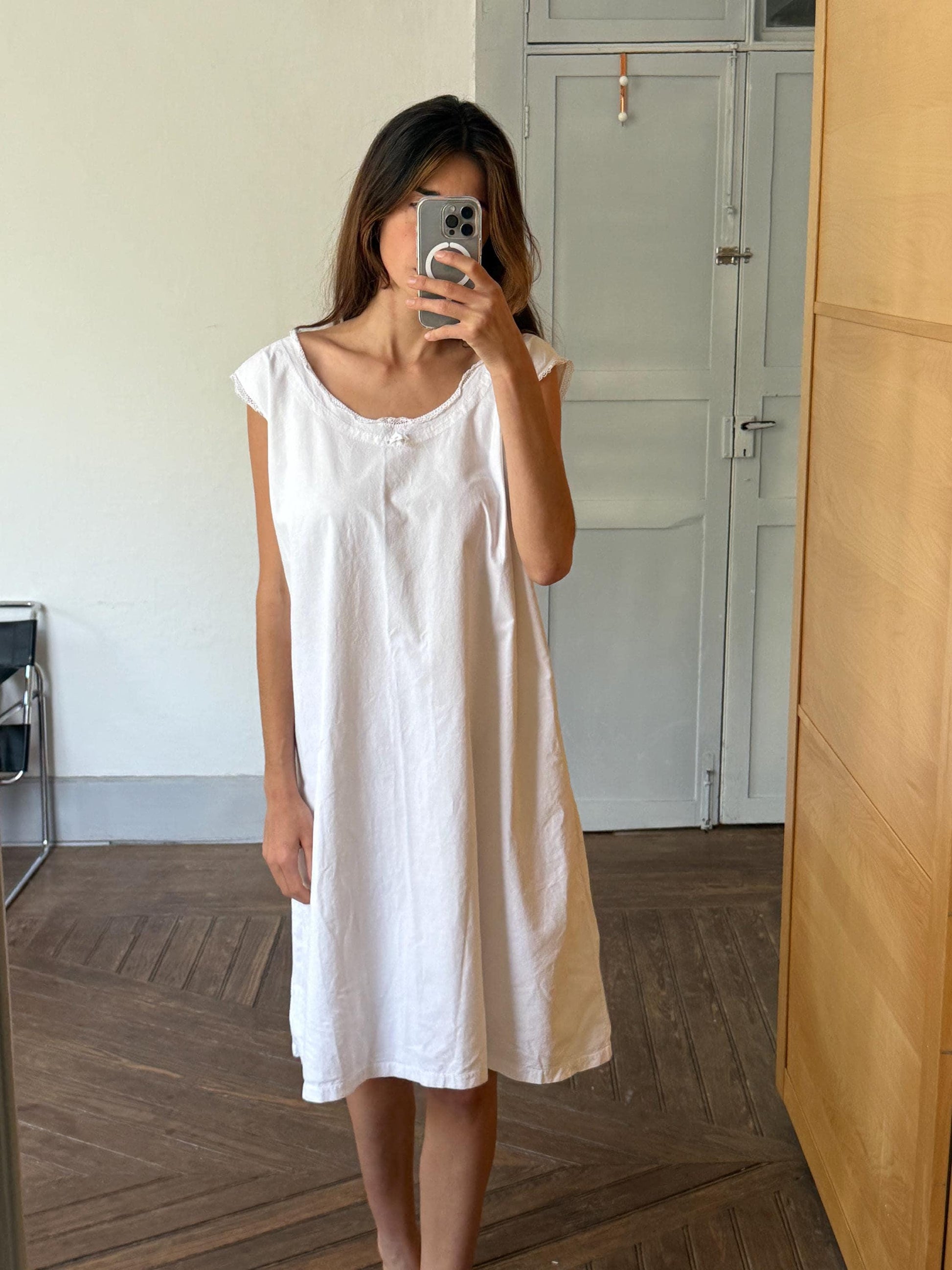 Vintage french antiwue linen slip dress, romantic nightgown, white cottage core nightie , feminine nightwear, one size