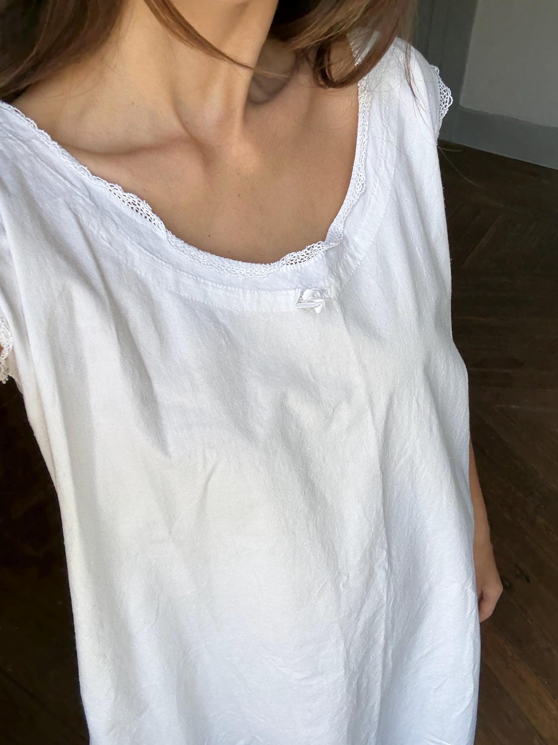 Vintage french antiwue linen slip dress, romantic nightgown, white cottage core nightie , feminine nightwear, one size