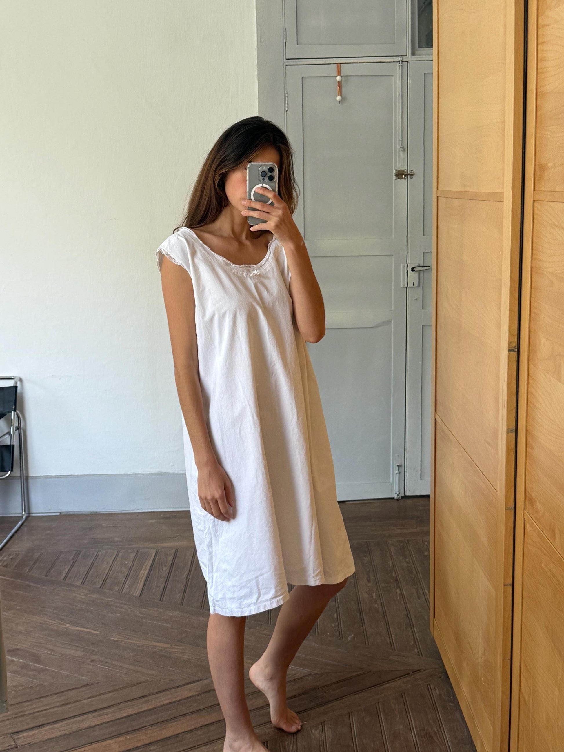 Vintage french antique linen slip dress, romantic nightgown, white cottage core nightie , feminine nightwear, one size