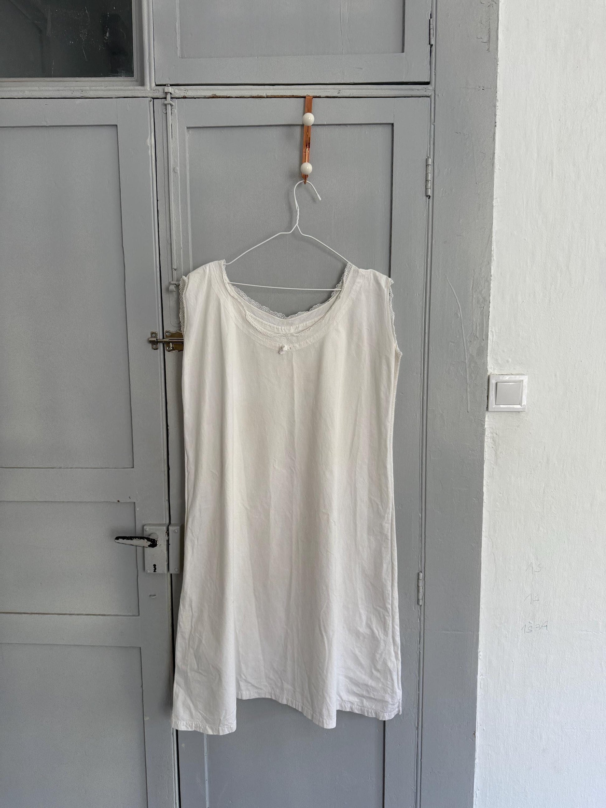Vintage french antique linen slip dress, romantic nightgown, white cottage core nightie , feminine nightwear, one size