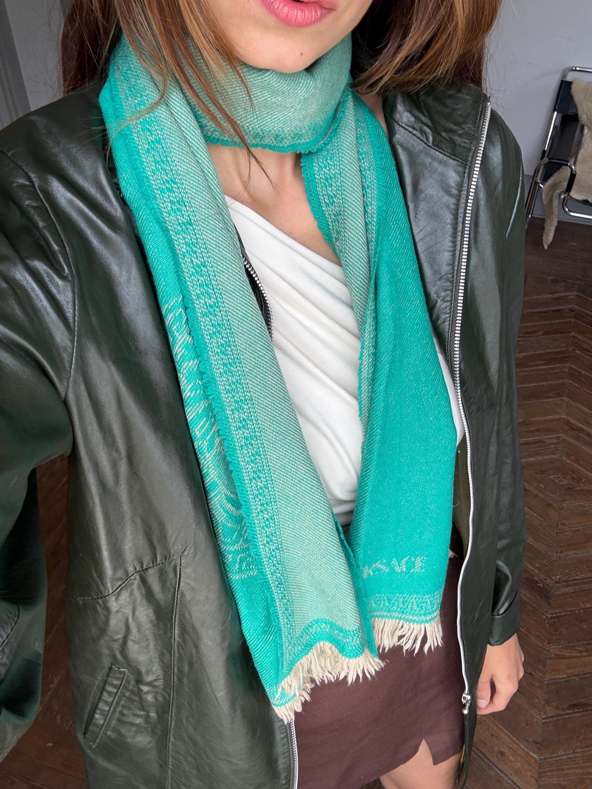 Vintage versace scarf green medusa logo luxury italian style – 31x162cm – branded statement accessory