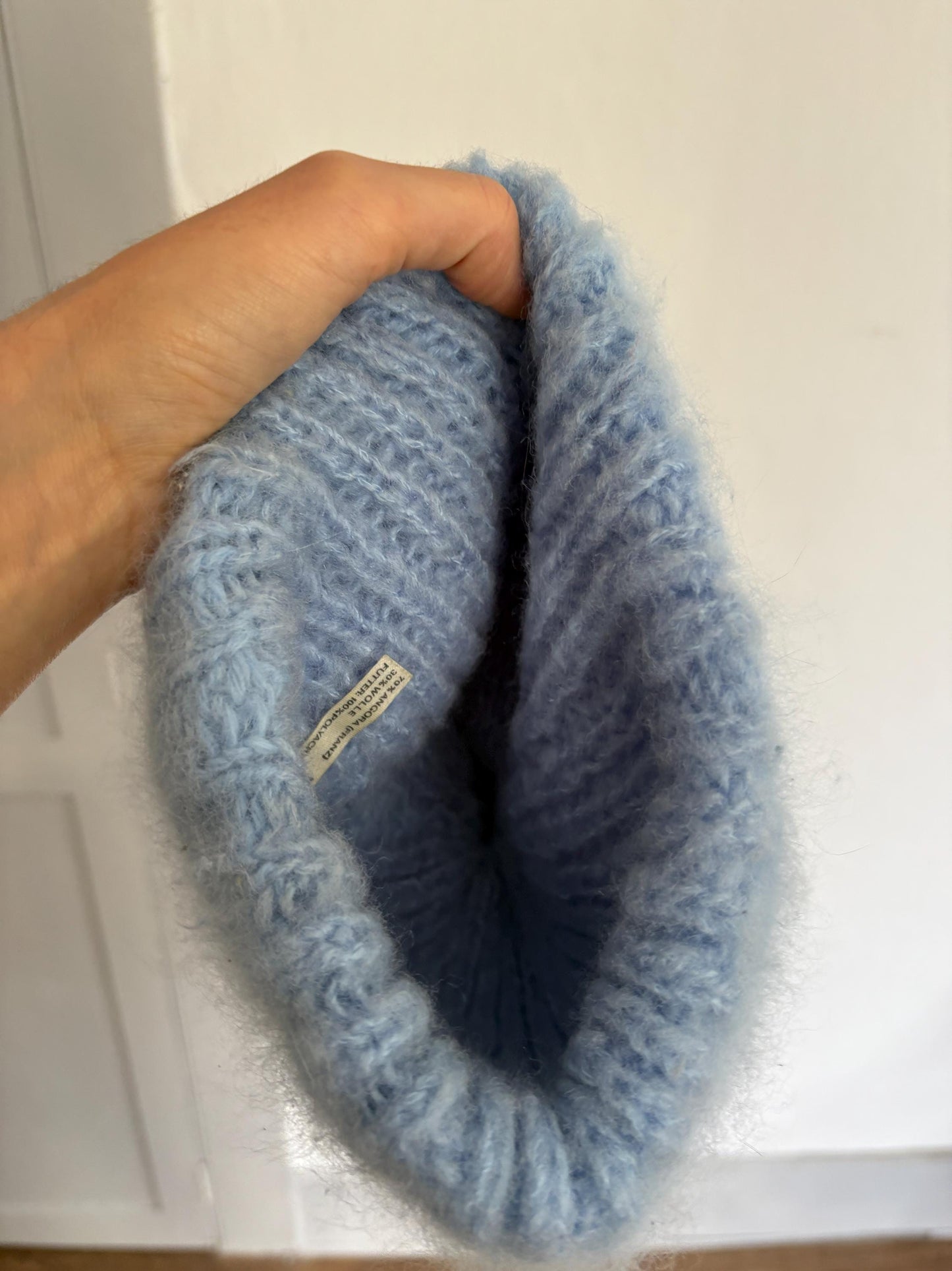 Vintage angora blend winter hat, light blue small size warm knit beanie., cozy soft fuzzy cap for children