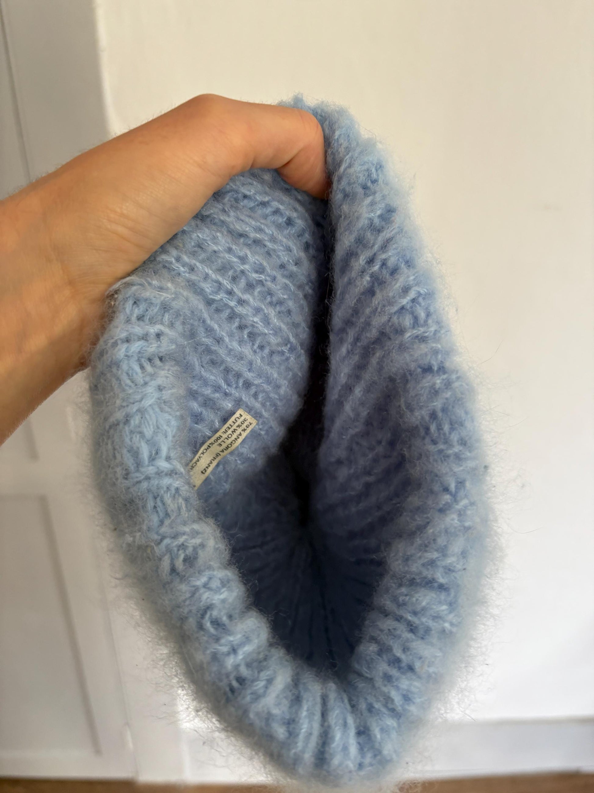 Vintage angora blend winter hat, light blue small size warm knit beanie., cozy soft fuzzy cap for children