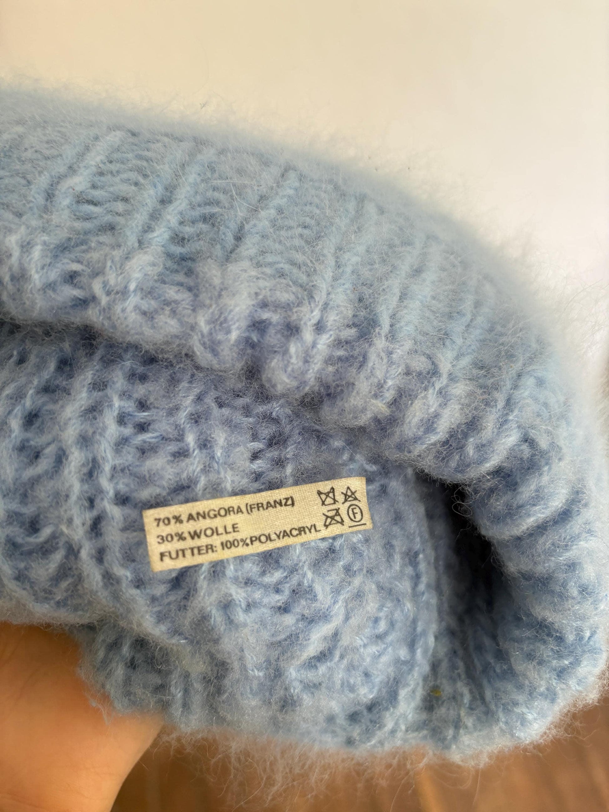 Vintage angora blend winter hat, light blue small size warm knit beanie., cozy soft fuzzy cap for children