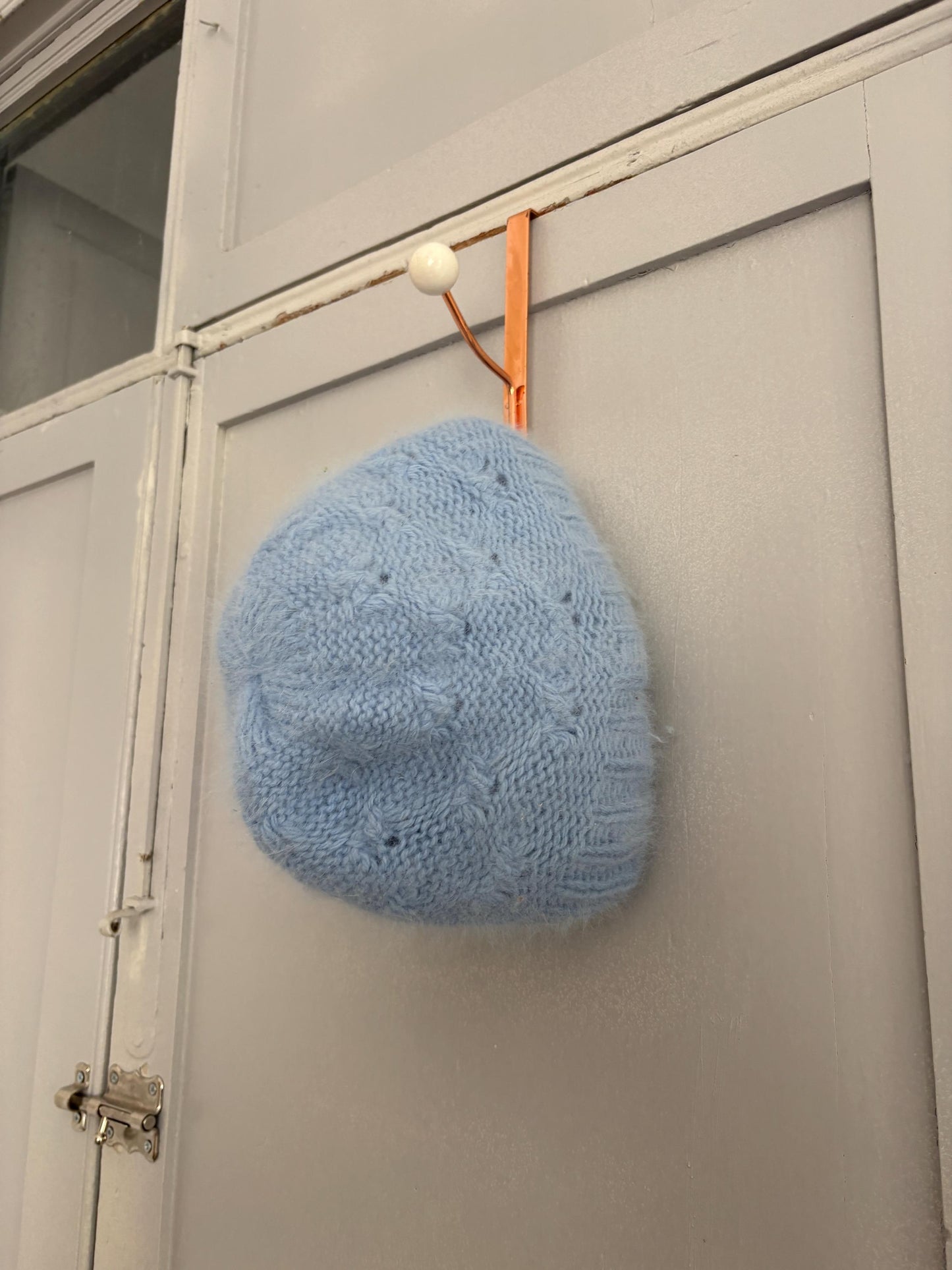 Vintage angora blend winter hat, light blue small size warm knit beanie., cozy soft fuzzy cap for children