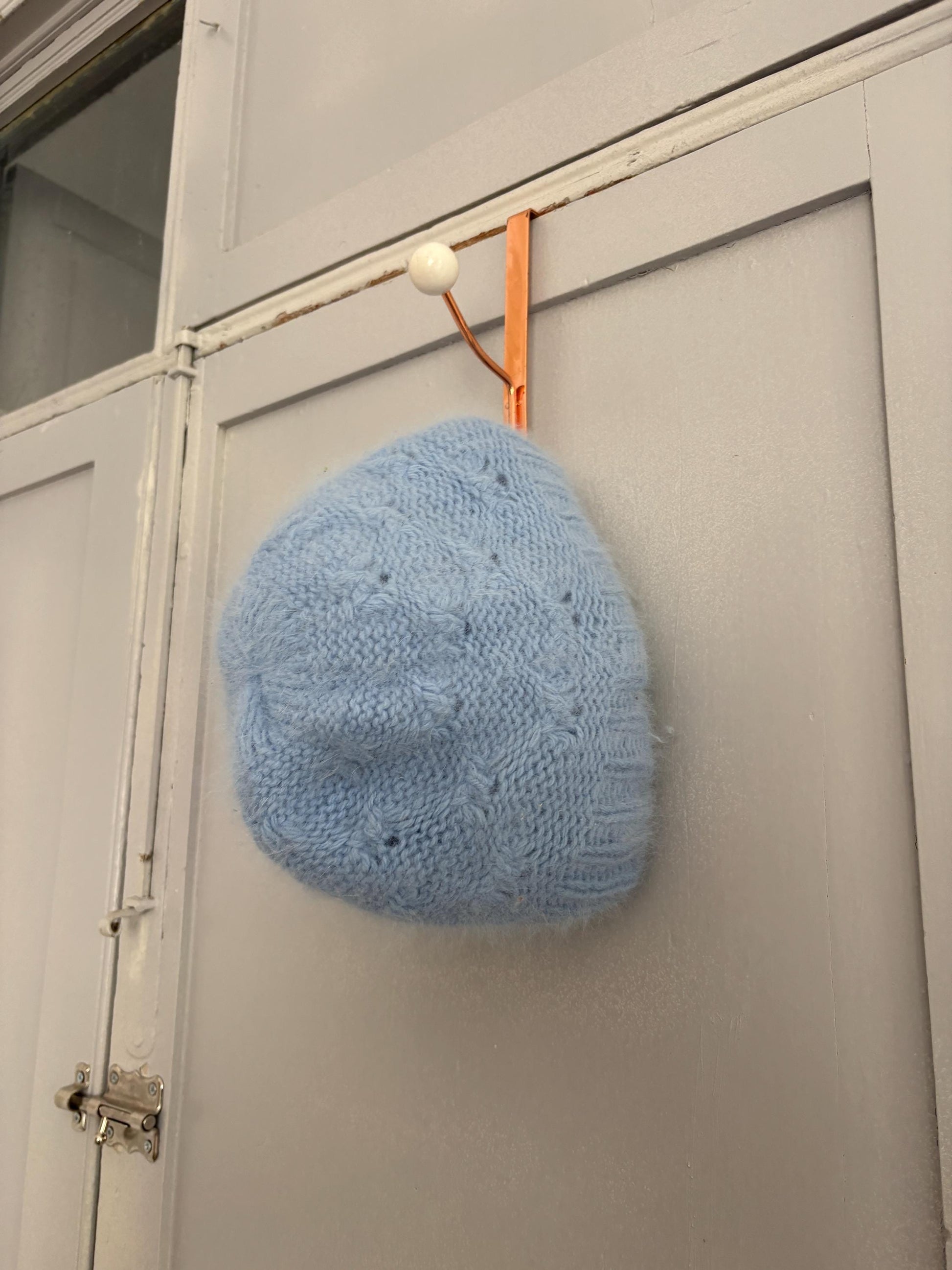 Vintage angora blend winter hat, light blue small size warm knit beanie., cozy soft fuzzy cap for children