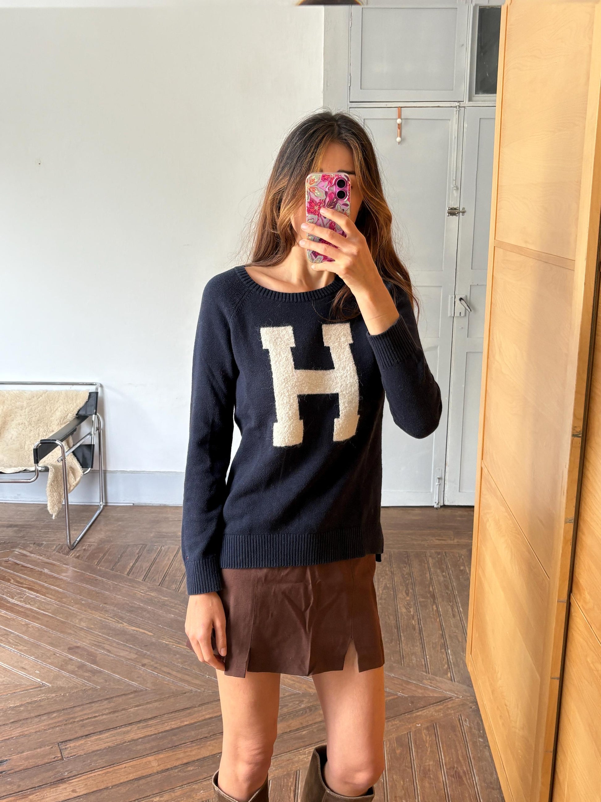 Vintage tommy hilfiger jumper - h letter logo navy blue preppy knit - college style sweater, size m