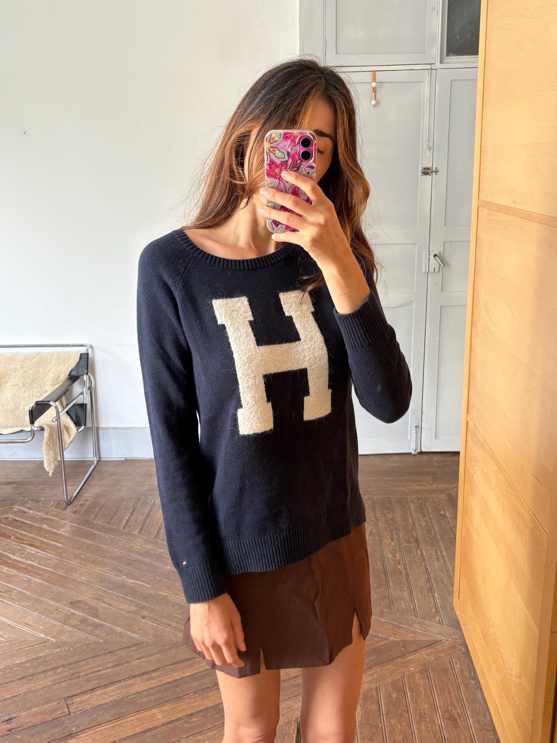 Vintage tommy hilfiger jumper - h letter logo navy blue preppy knit - college style sweater, size m