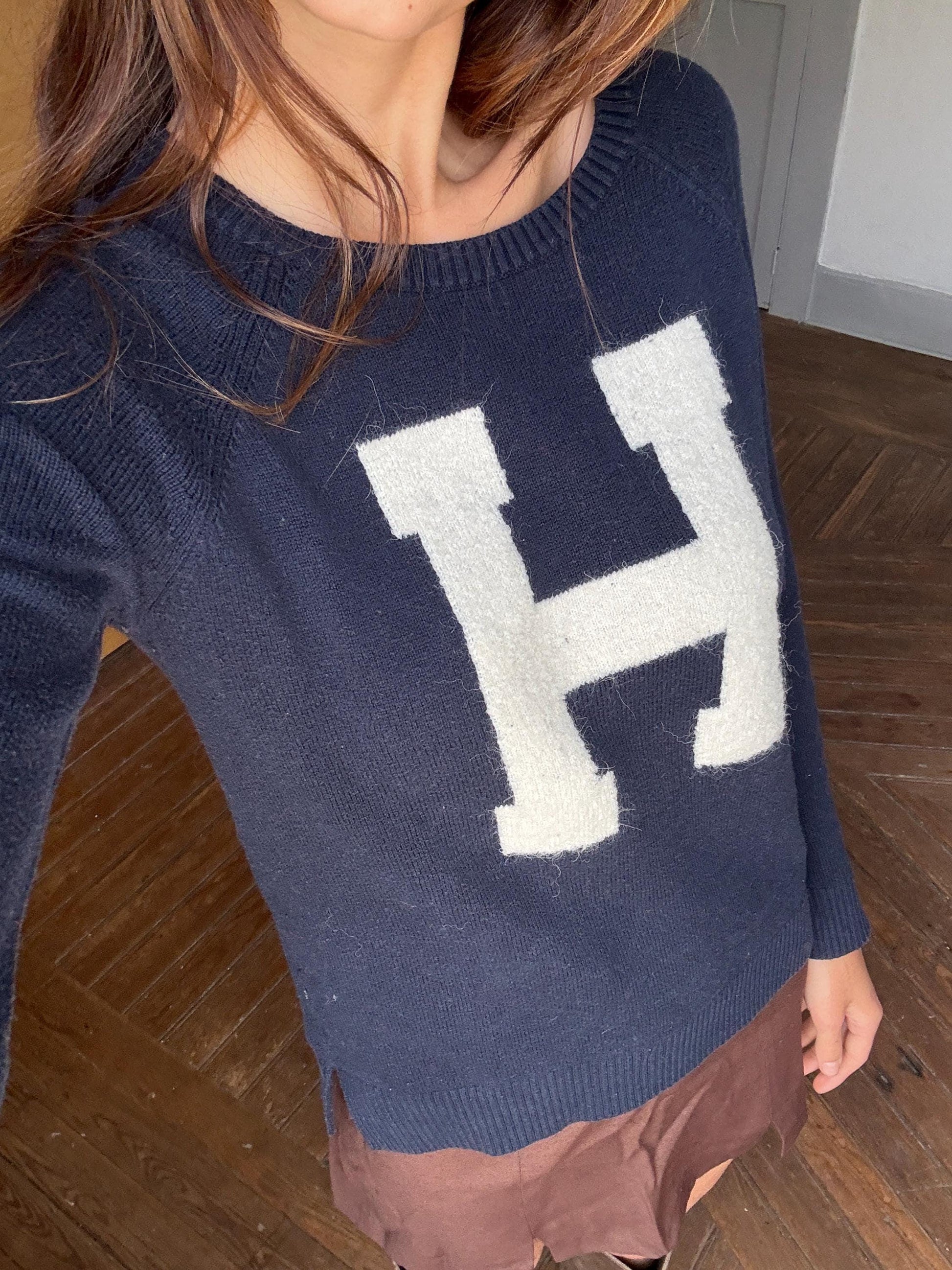Vintage tommy hilfiger jumper - h letter logo navy blue preppy knit - college style sweater, size m