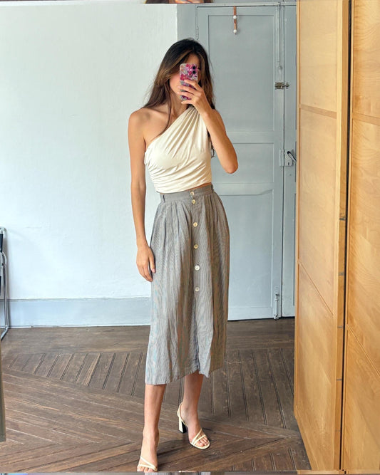 Vintage linen skirt, cottagecore aesthetic soft neutral skirt, viscose blend midi, romantic vintage style flowy striepd skirt, size d44 - 2x