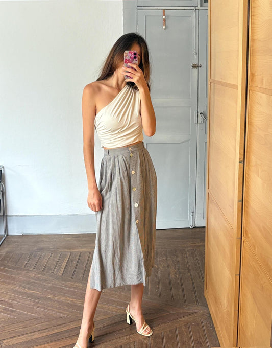 Vintage linen skirt, cottagecore aesthetic soft neutral skirt, viscose blend midi, romantic vintage style flowy striepd skirt, size d44 - 2x