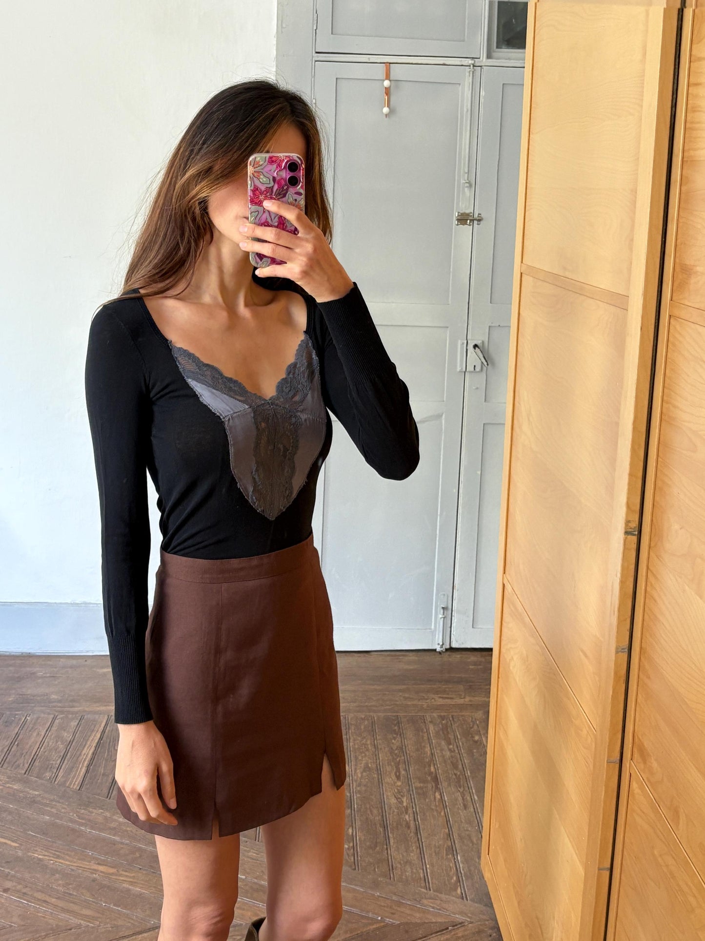 Vintage patrizia pepe firenze long sleeve woman shirt, luxury long sleeves feminine black lace top romantic style, size s