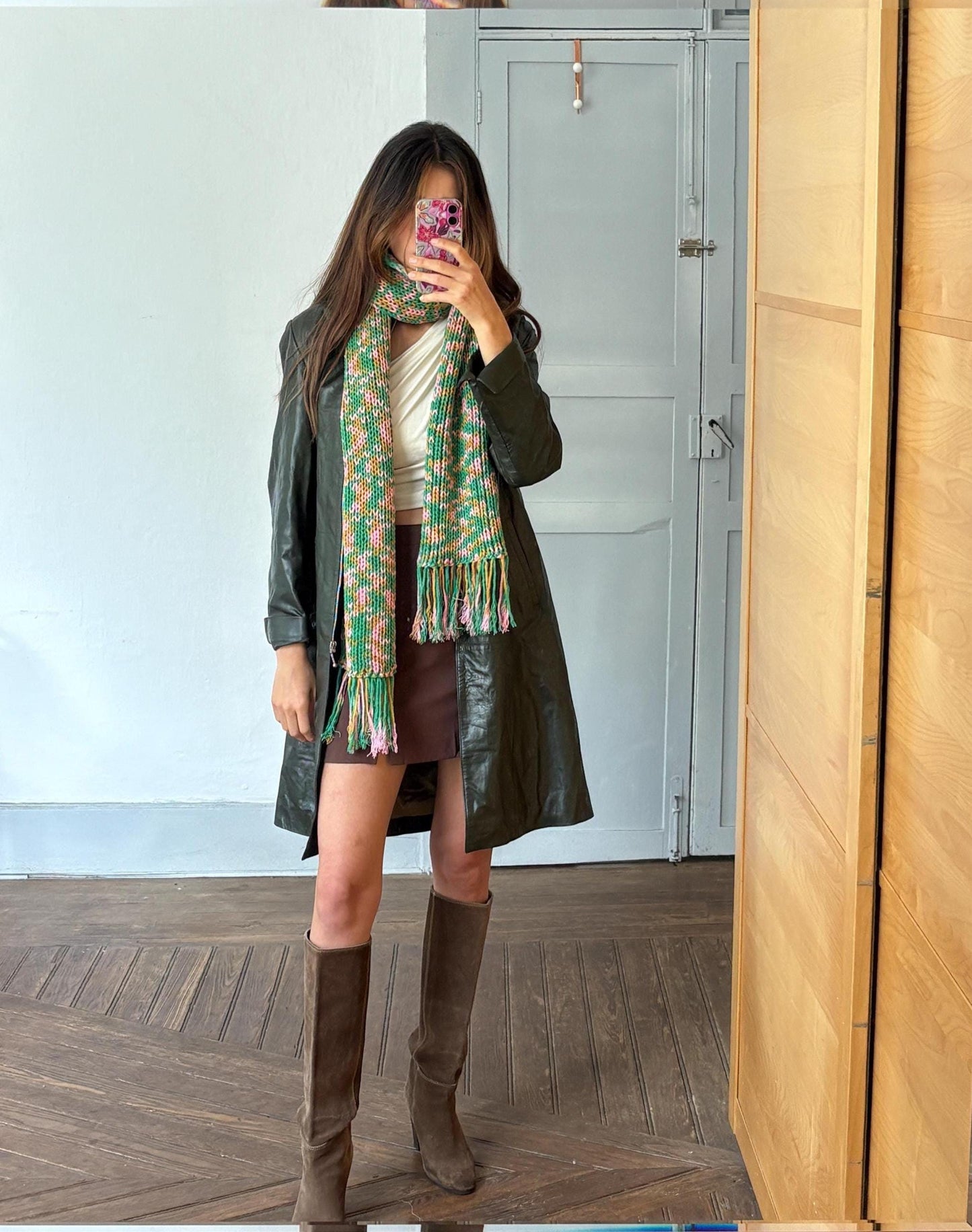 Vintage scarf, fun playful colourful knit wear, long green and pink fringe winter shawl, pop of colour wrap