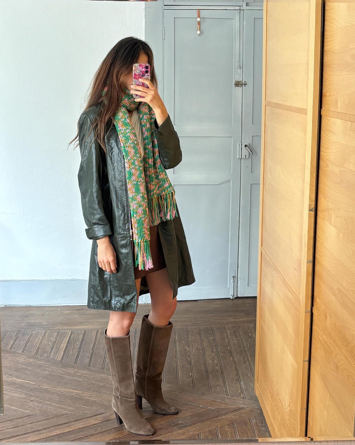 Vintage scarf, fun playful colourful knit wear, long green and pink fringe winter shawl, pop of colour wrap