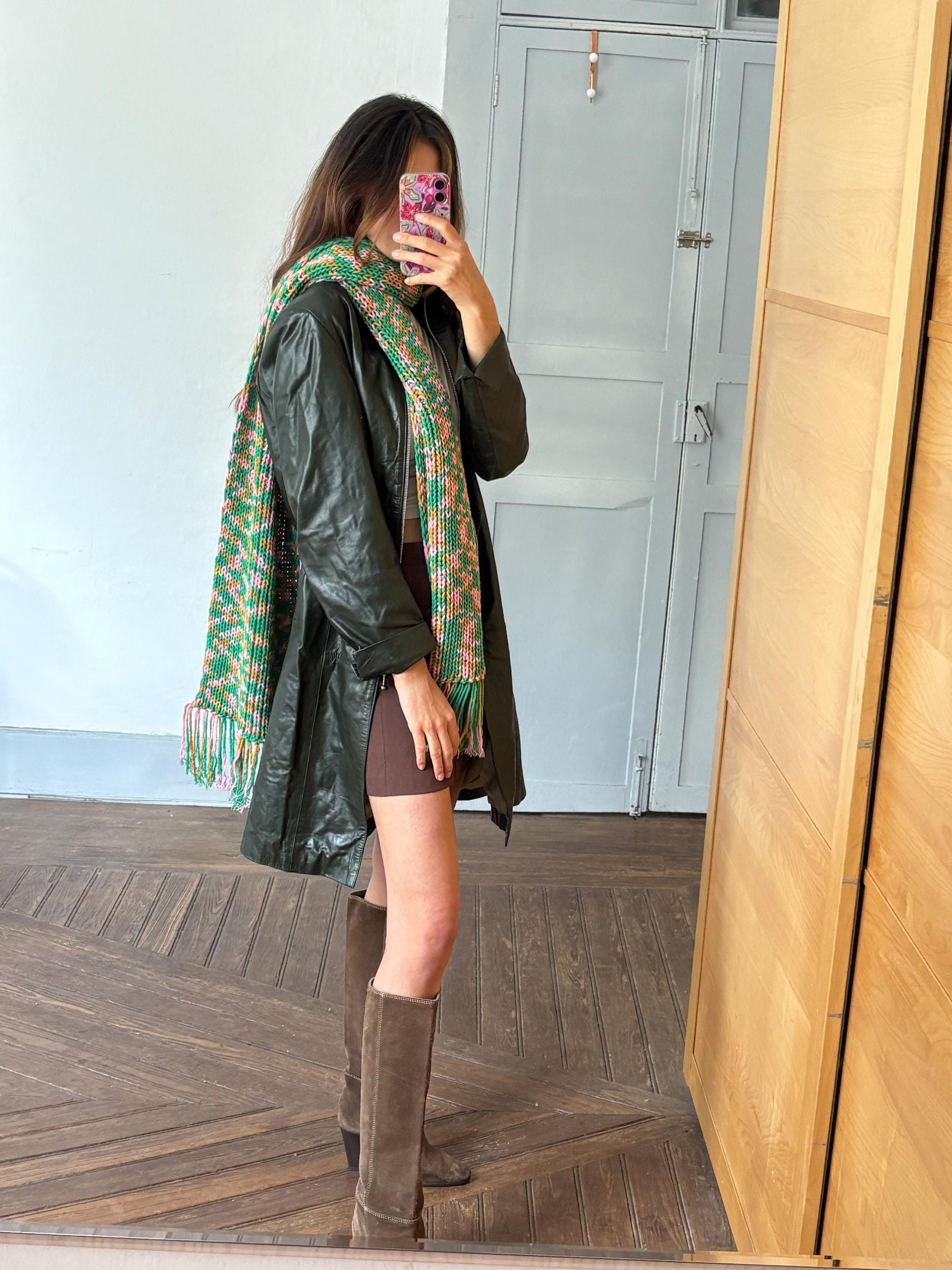 Vintage scarf, fun playful colourful knit wear, long green and pink fringe winter shawl, pop of colour wrap