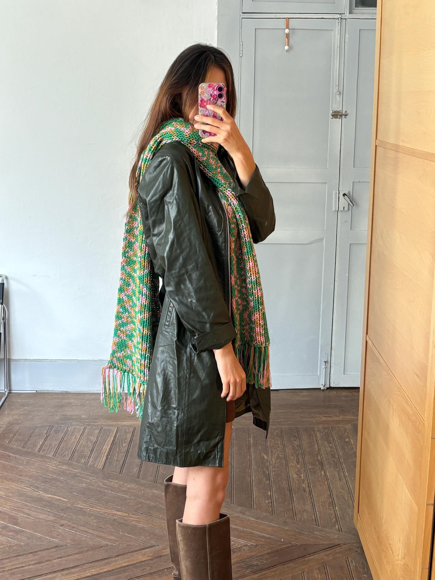 Vintage scarf, fun playful colourful knit wear, long green and pink fringe winter shawl, pop of colour wrap