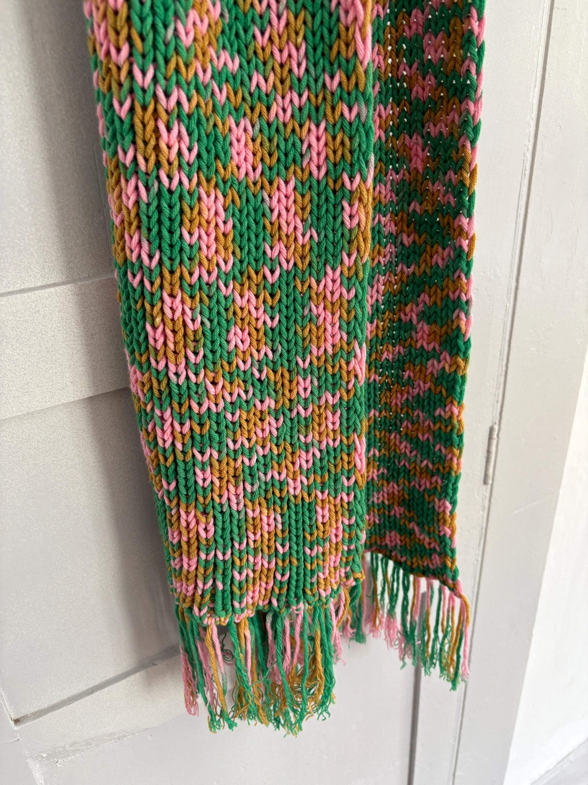 Vintage scarf, fun playful colourful knit wear, long green and pink fringe winter shawl, pop of colour wrap