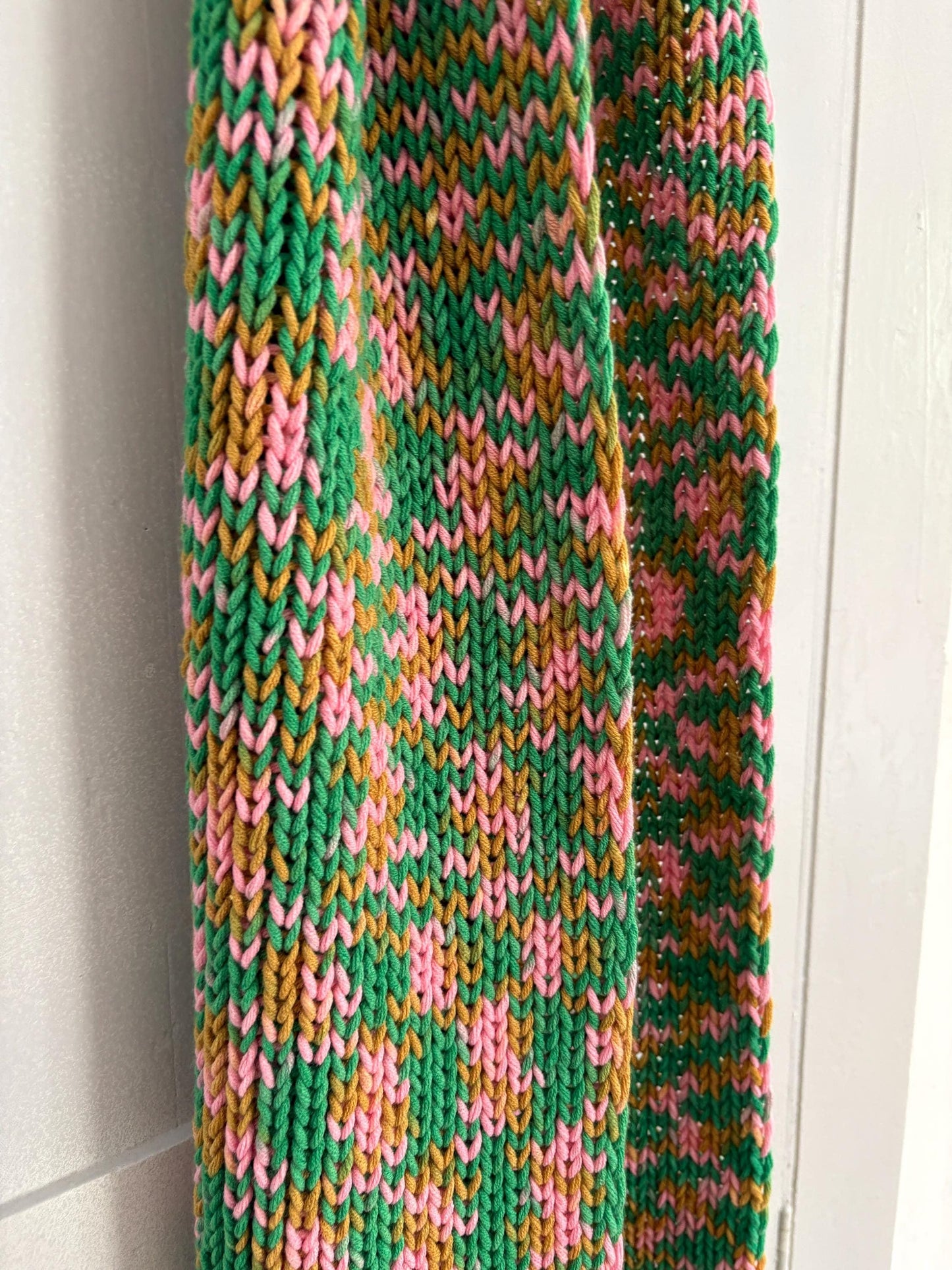 Vintage scarf, fun playful colourful knit wear, long green and pink fringe winter shawl, pop of colour wrap