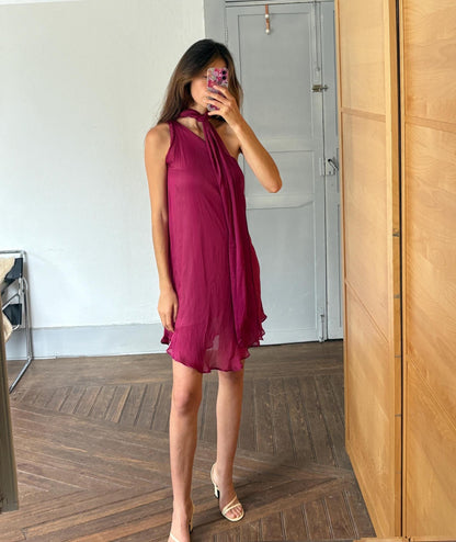 Silk One-Shoulder Dress in Deep Raspberry — back view