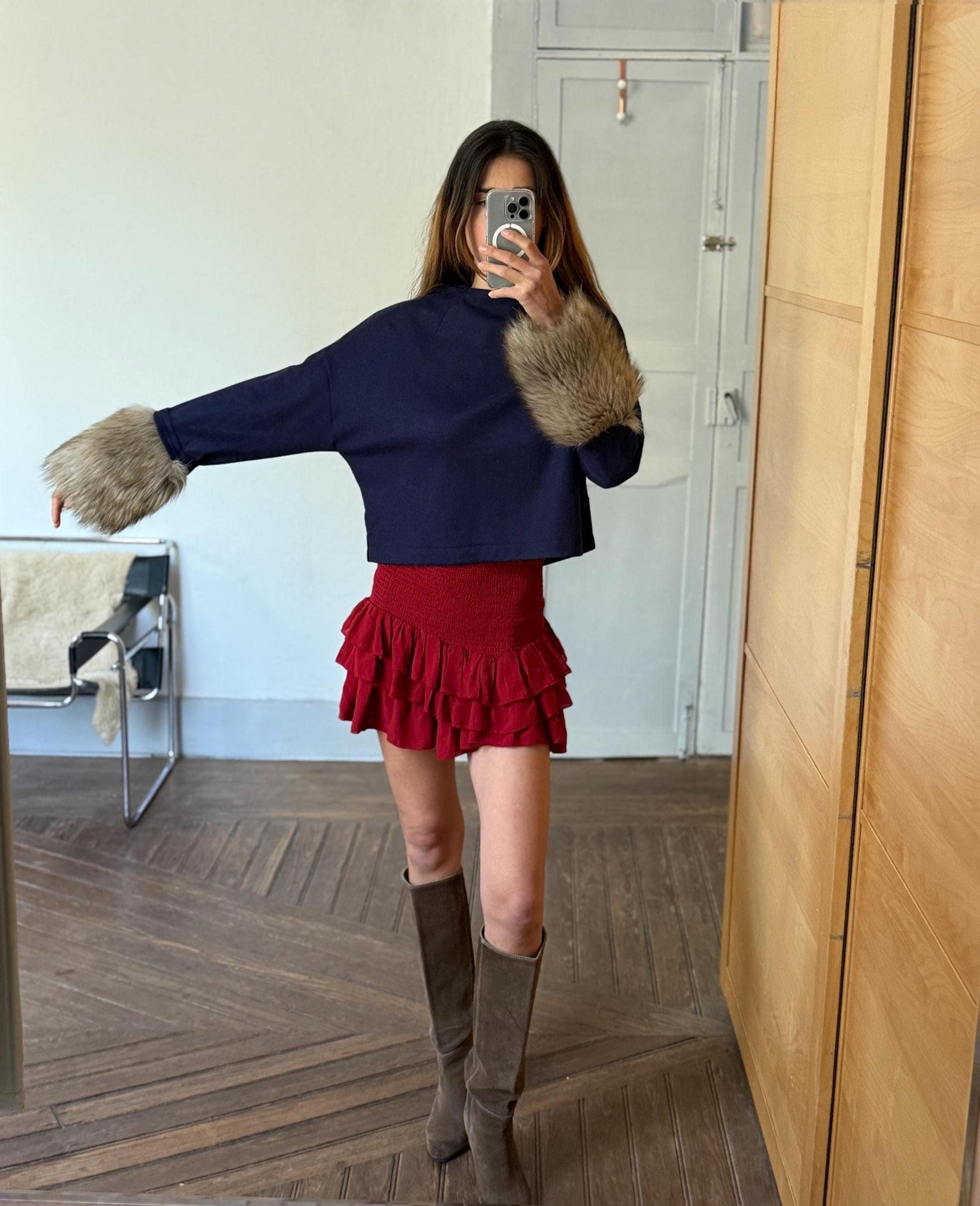 Vintage navy blue pullover, wool jumper luxe cropped sweater with faux fur sleeves