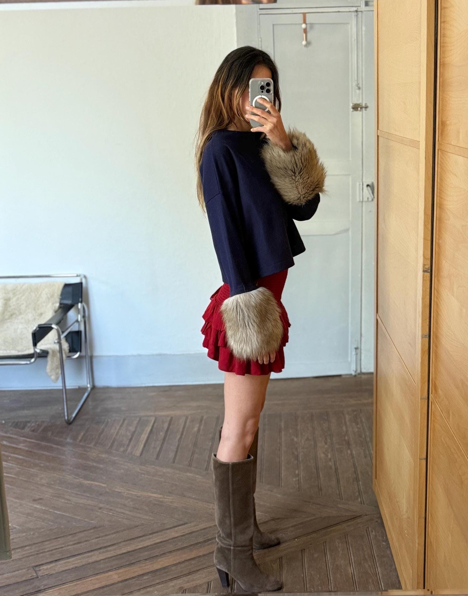 Vintage navy blue pullover, wool jumper luxe cropped sweater with faux fur sleeves