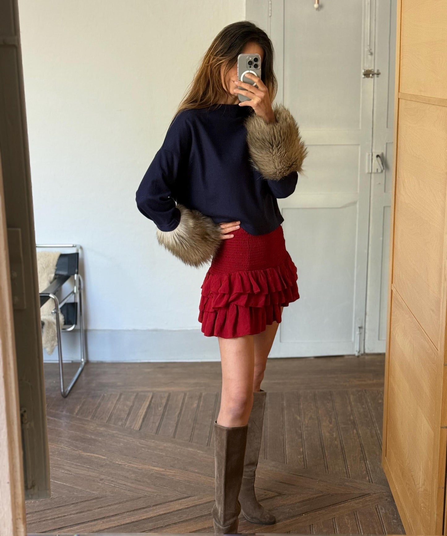 Vintage navy blue pullover, wool jumper luxe cropped sweater with faux fur sleeves