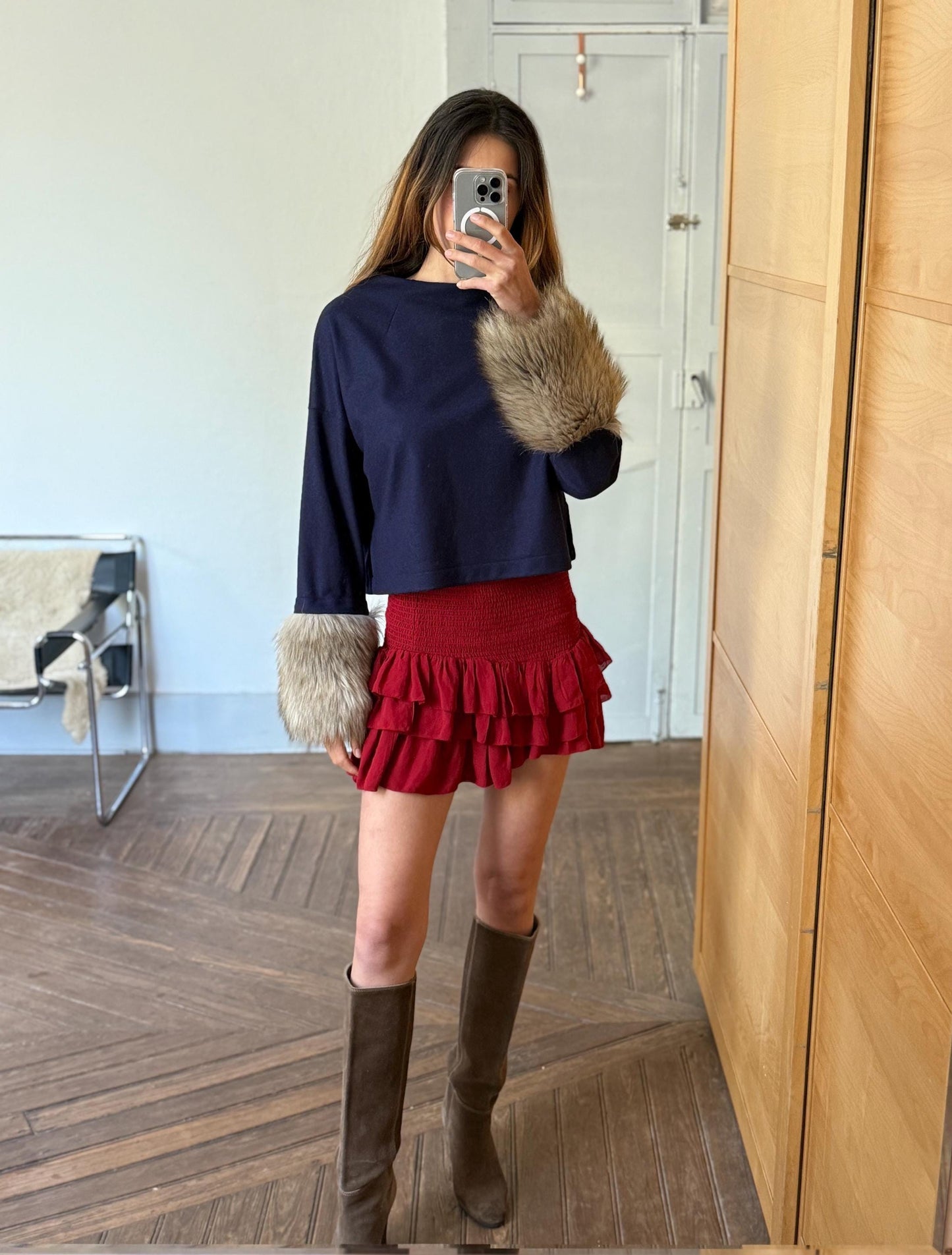 Vintage navy blue pullover, wool jumper luxe cropped sweater with faux fur sleeves