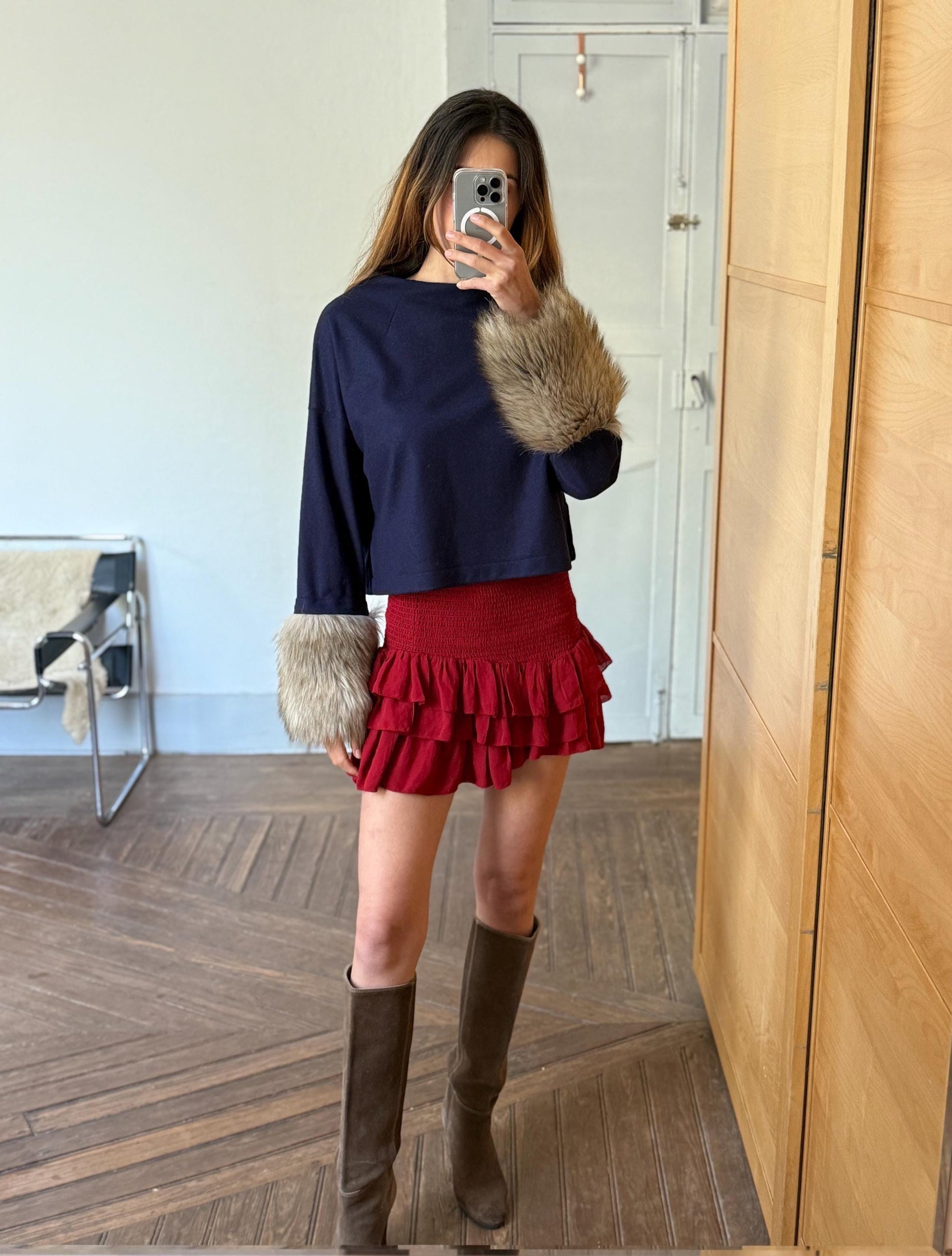 Vintage navy blue pullover, wool jumper luxe cropped sweater with faux fur sleeves