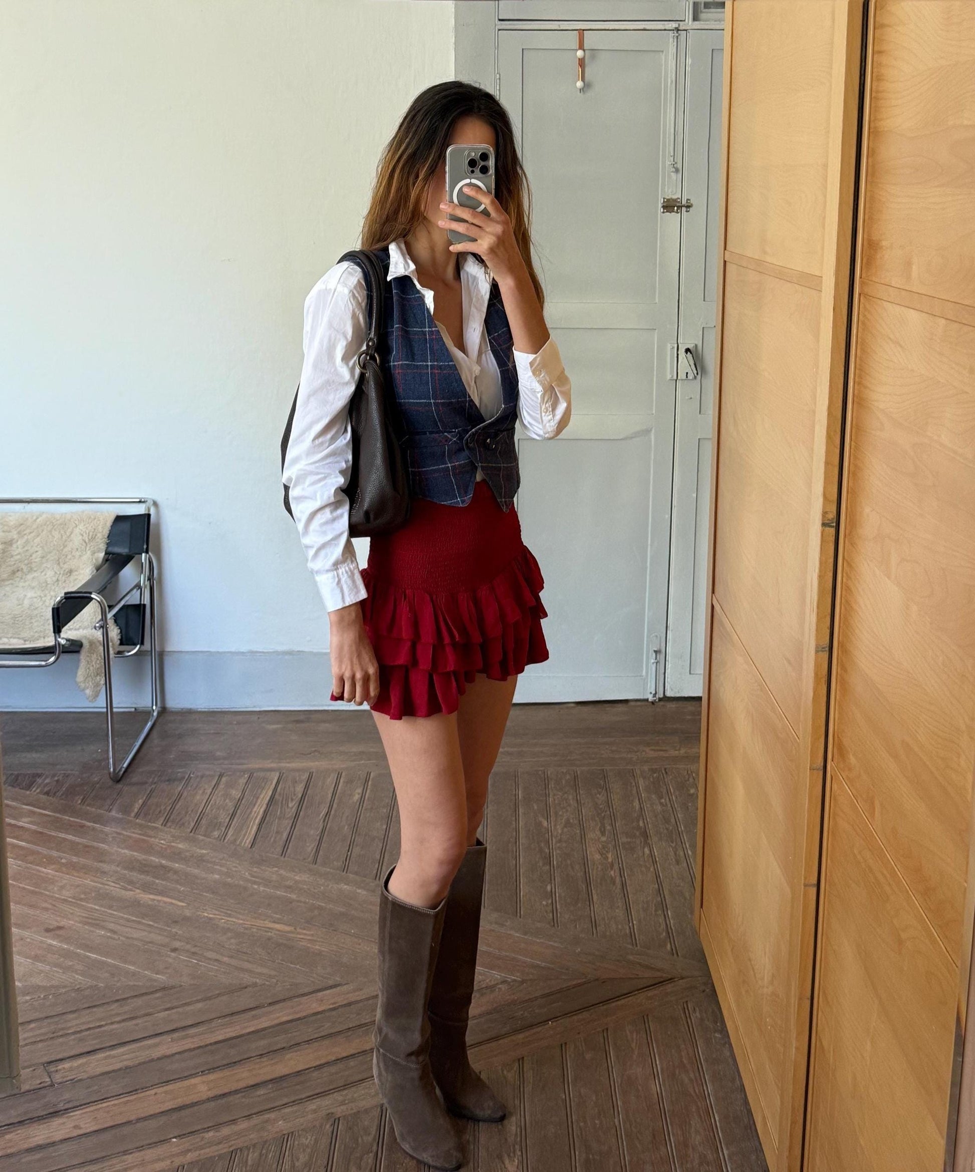 Vintage navy plaid waistcoat, wool feel, tailored fit, single button detail, dark academia, US S, campus style