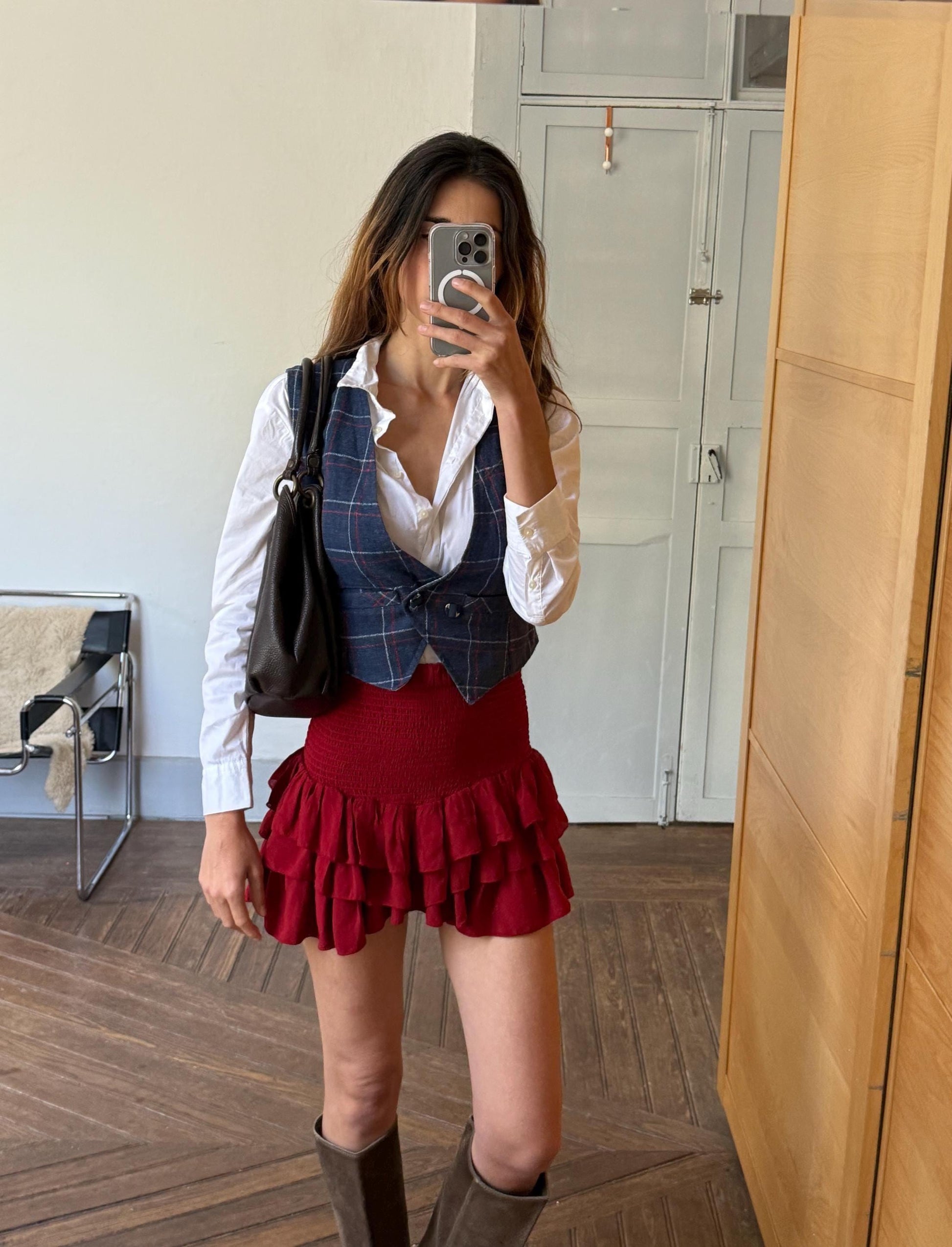 Vintage navy plaid waistcoat, wool feel, tailored fit, single button detail, dark academia, US S, campus style