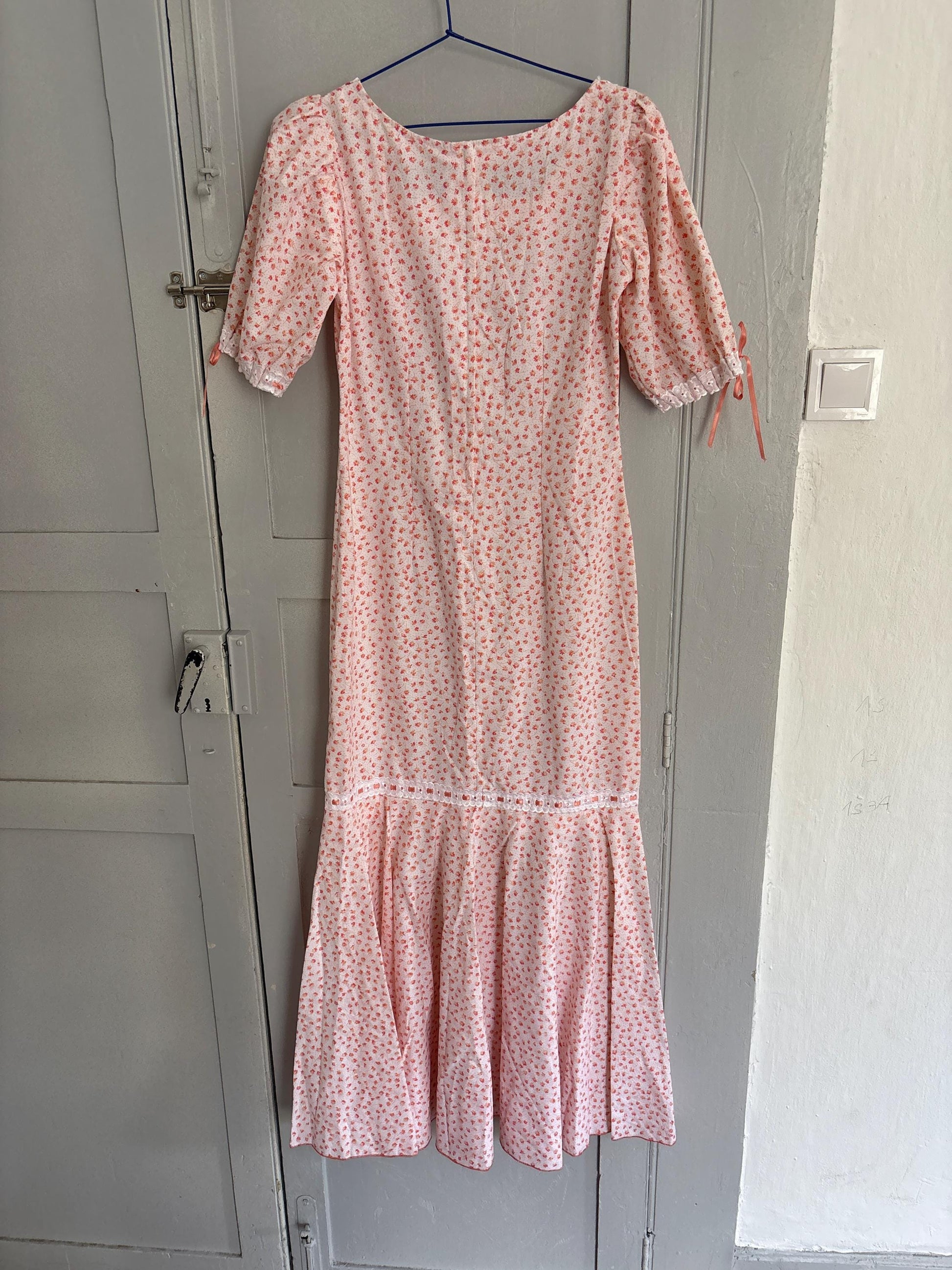 Vintage cottage core dress, romantic nightgown, handmade cotton pink floral lace ribbon trim prairie style nightie, size s