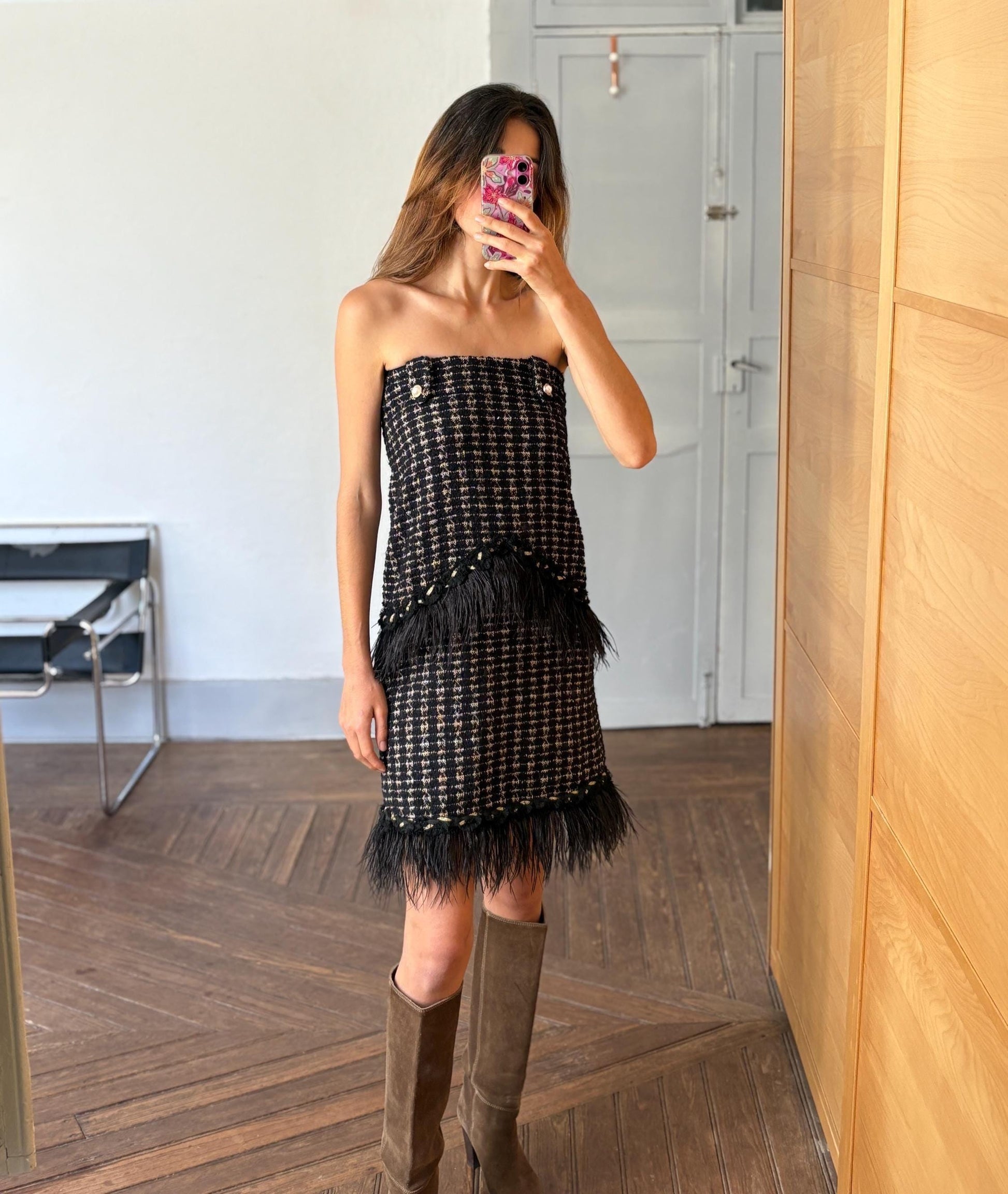 Vintage uterque woman dress with real feathers, wool blend winter dress, french parisian style clothing, luxe midi dress, size s