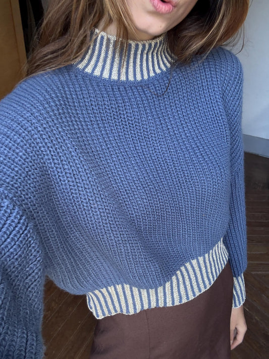 Vintage blue glitter turtleneck cropped jumper – made in italy, sparkly aesthetic knit, est. size l
