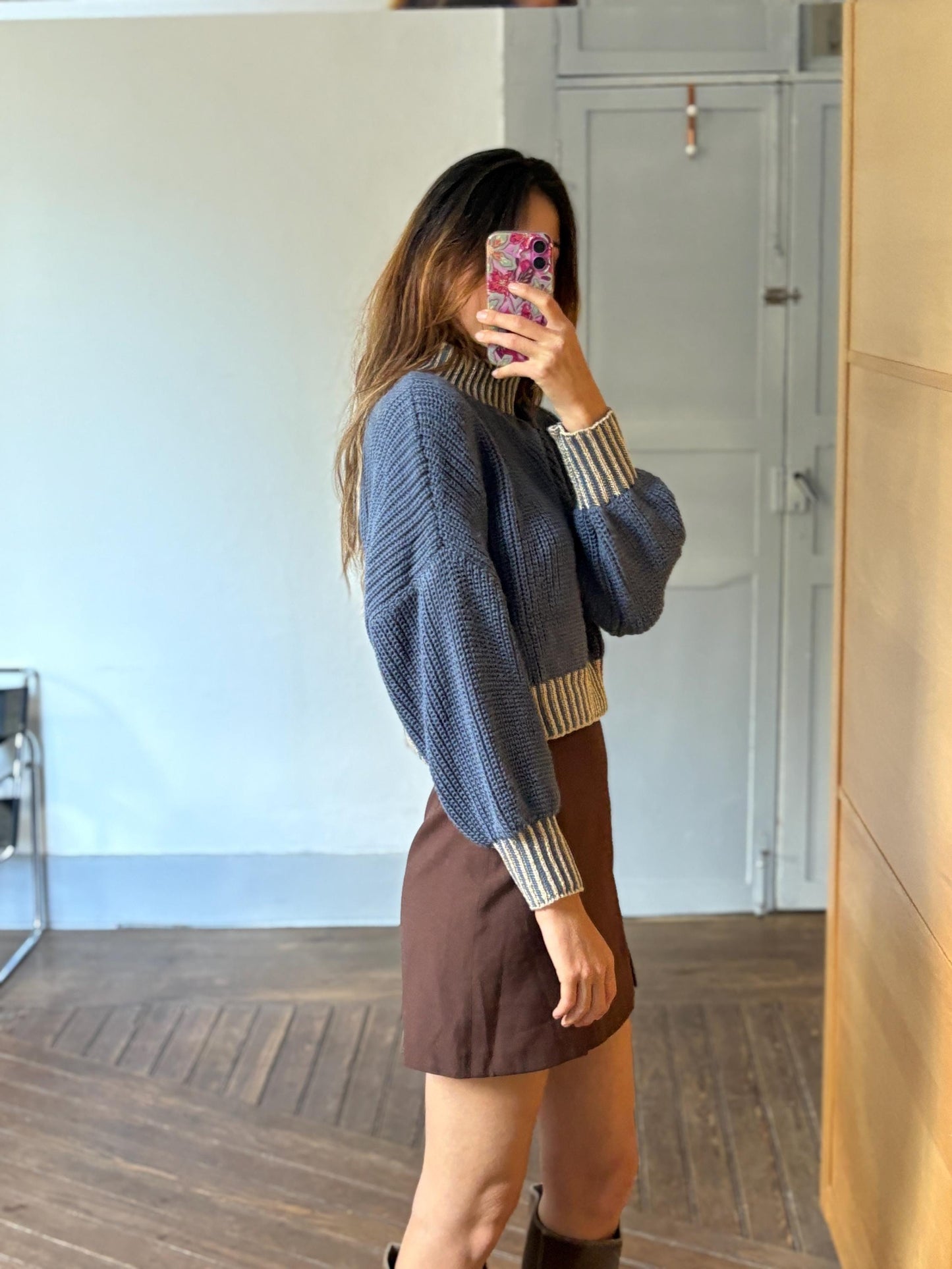 Vintage blue glitter turtleneck cropped jumper – made in italy, sparkly aesthetic knit, est. size l