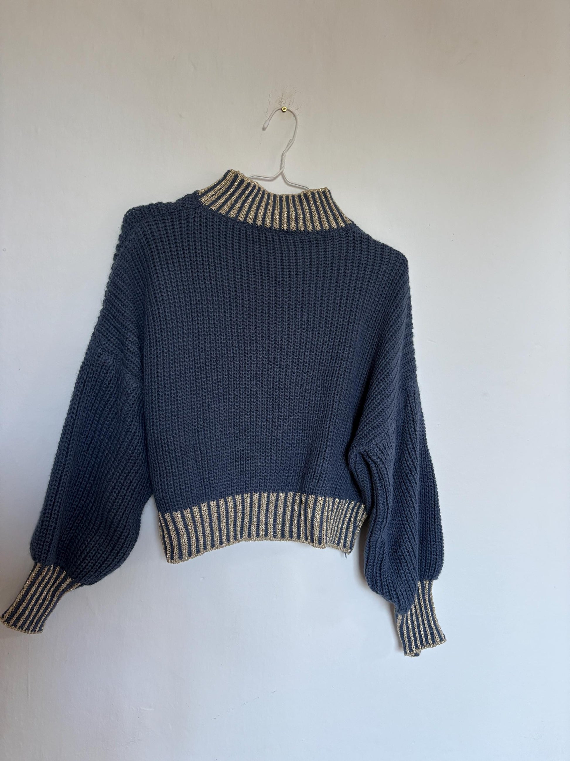 Vintage blue glitter turtleneck cropped jumper – made in italy, sparkly aesthetic knit, est. size l