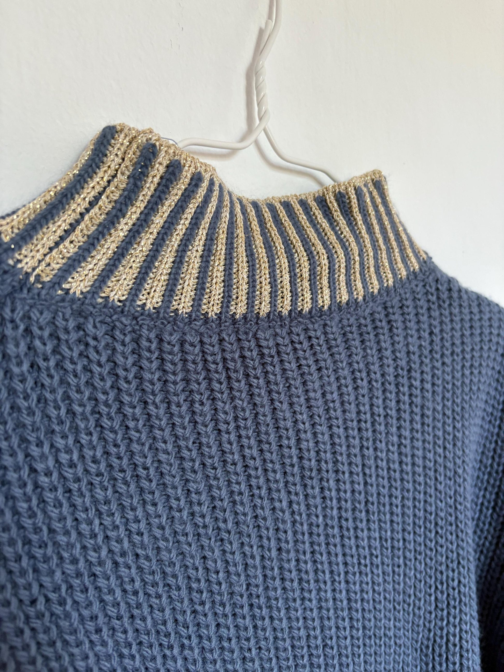 Vintage blue glitter turtleneck cropped jumper – made in italy, sparkly aesthetic knit, est. size l