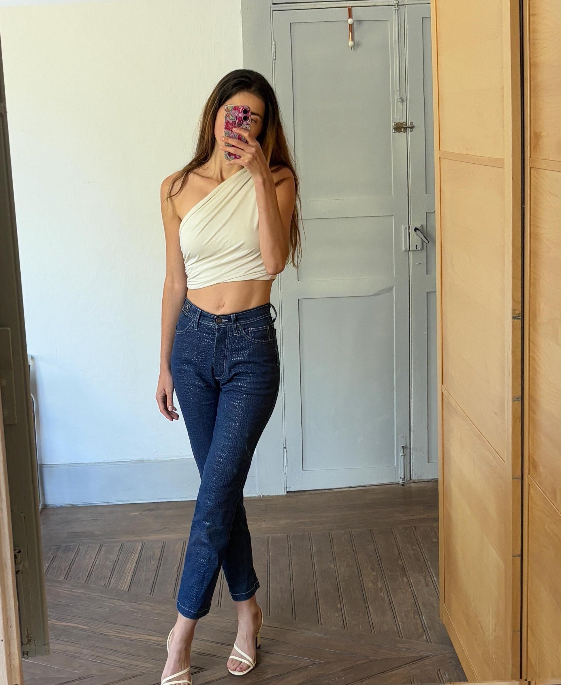 Vintage coppopera luxury textured jeans, snake leather style denim trousers, mid waist skinny jeans