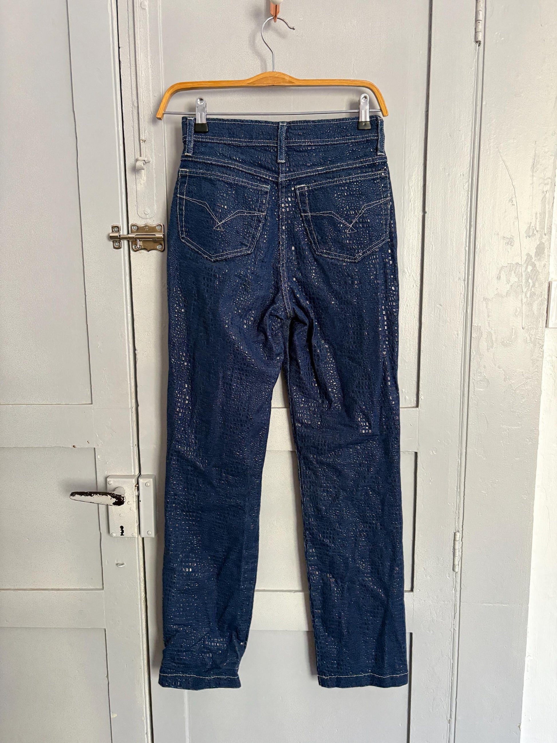 Vintage coppopera luxury textured jeans, snake leather style denim trousers, mid waist skinny jeans