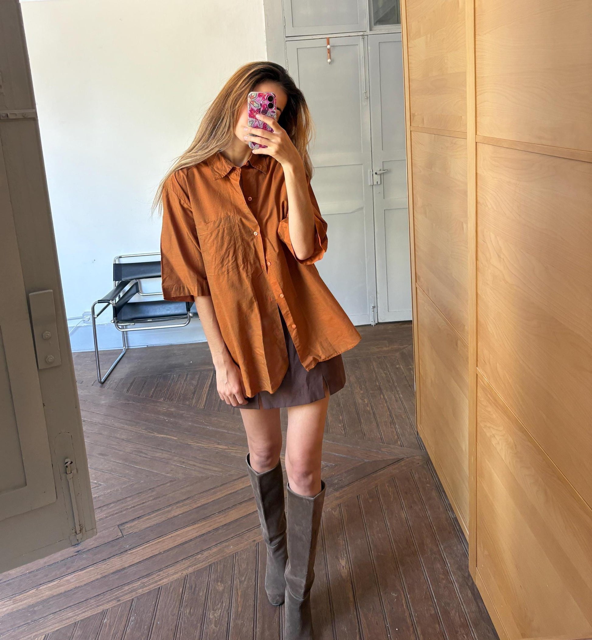 Vintage rust orange men's button up shirt, elegant formal t-shirt, retro special glossy men oxford blouse