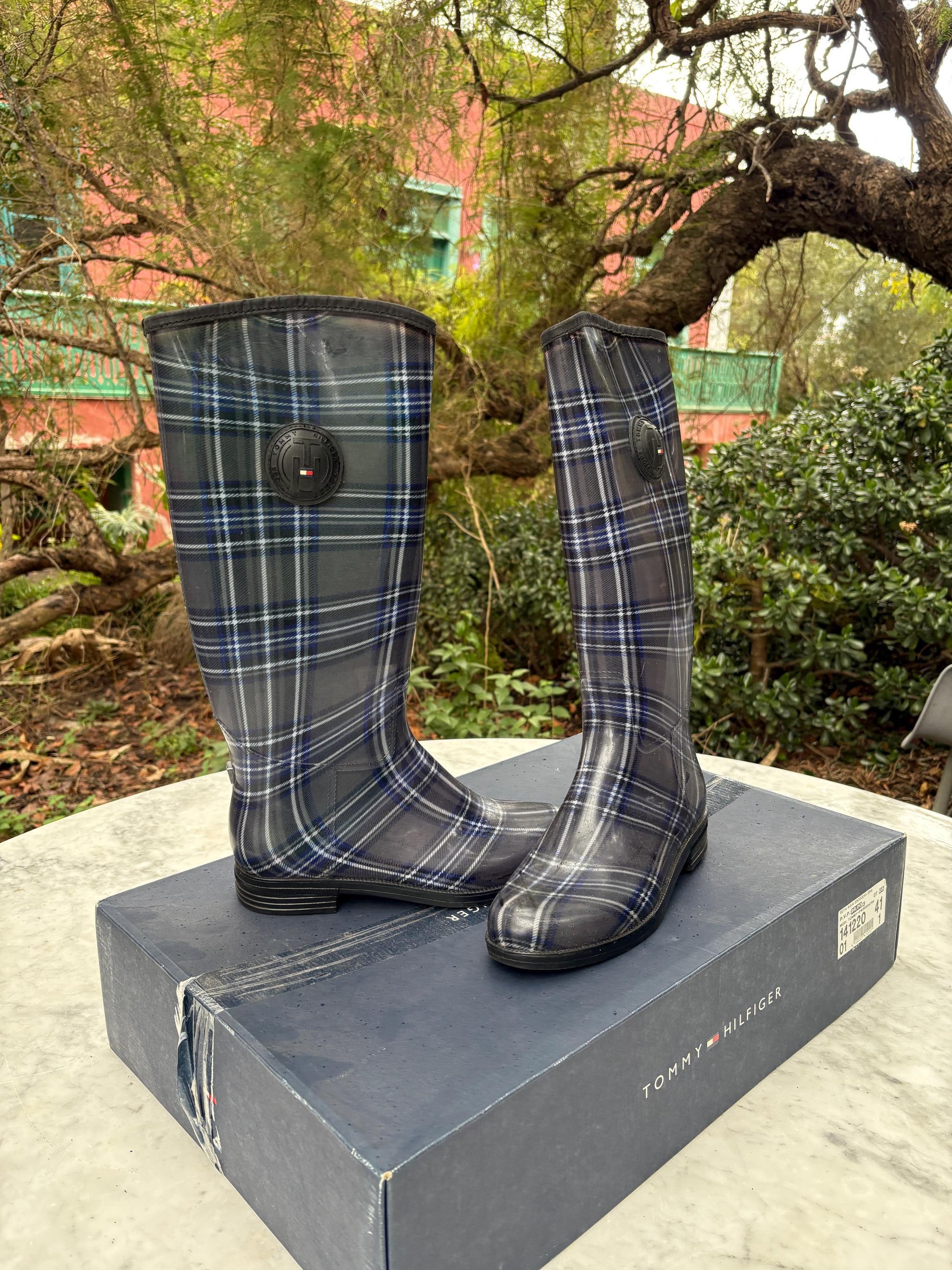 Luxury Tommy hilfiger rain boots, women's plaid brand wellington boots, grey - blue fashionable rain boots, designer wellies, size 41 -