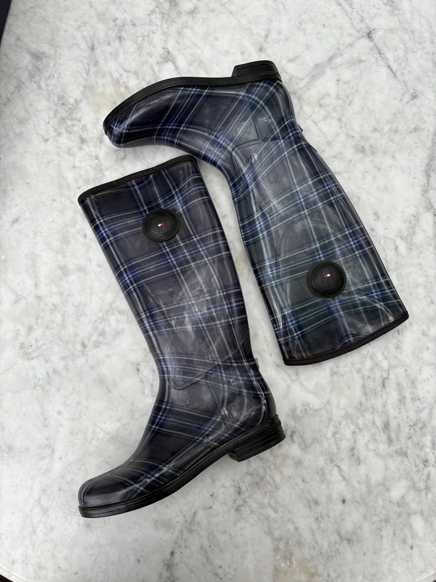 Luxury Tommy hilfiger rain boots, women's plaid brand wellington boots, grey - blue fashionable rain boots, designer wellies, size 41 -