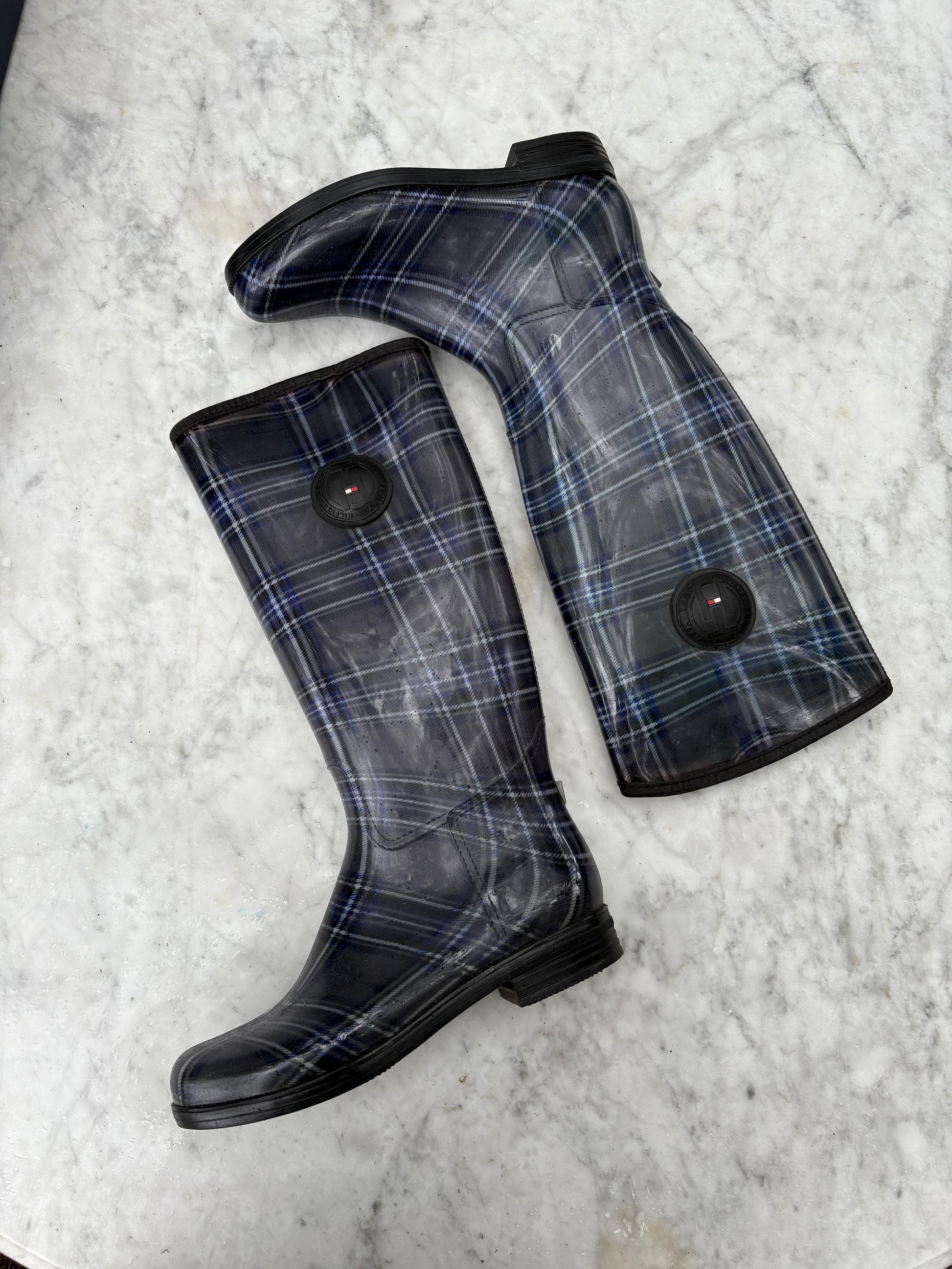 Luxury Tommy hilfiger rain boots, women's plaid brand wellington boots, grey - blue fashionable rain boots, designer wellies, size 41 -